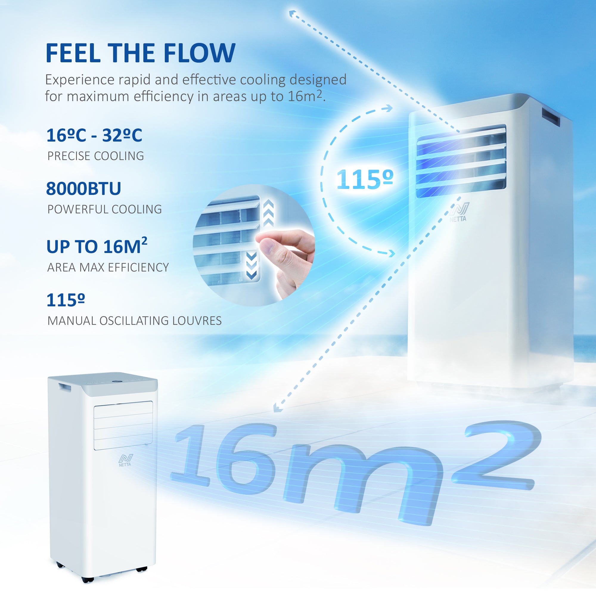 NETTA Portable 3-in-1 Air Conditioner with Dehumidifier & Cooling Fan - 24-Hour Timer & Remote Control