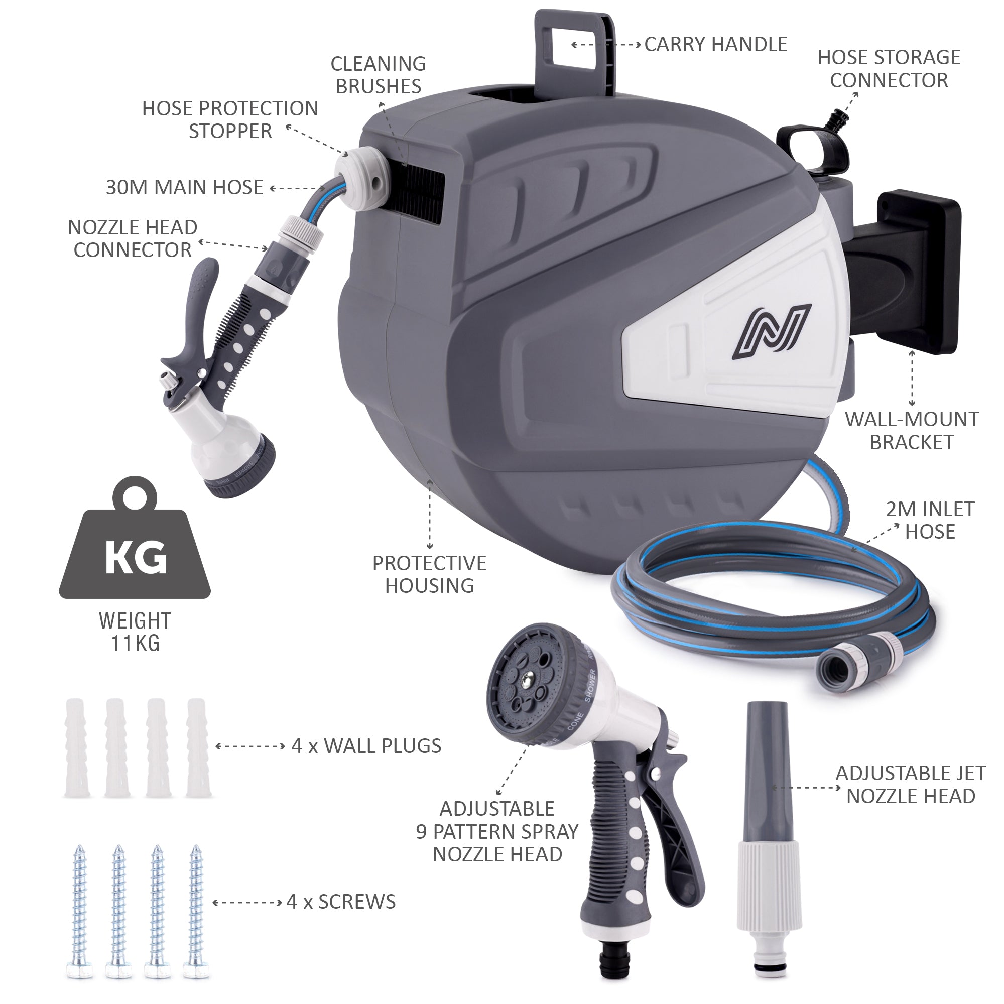 NETTA Retractable Hose Reel with Auto Rewind & 180° Swivel