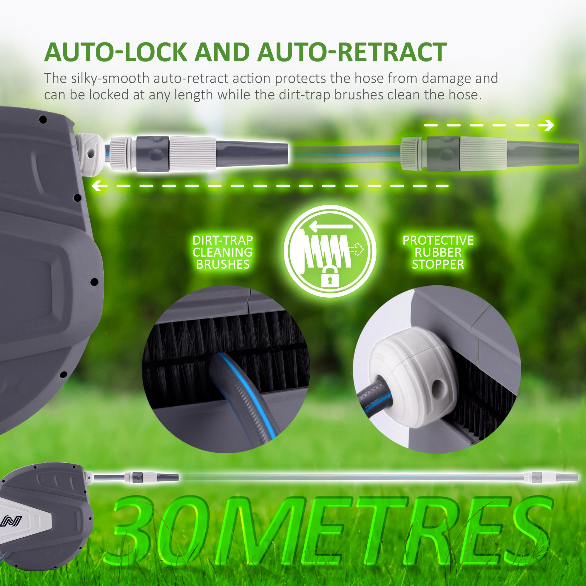 NETTA Retractable Hose Reel with Auto Rewind & 180° Swivel