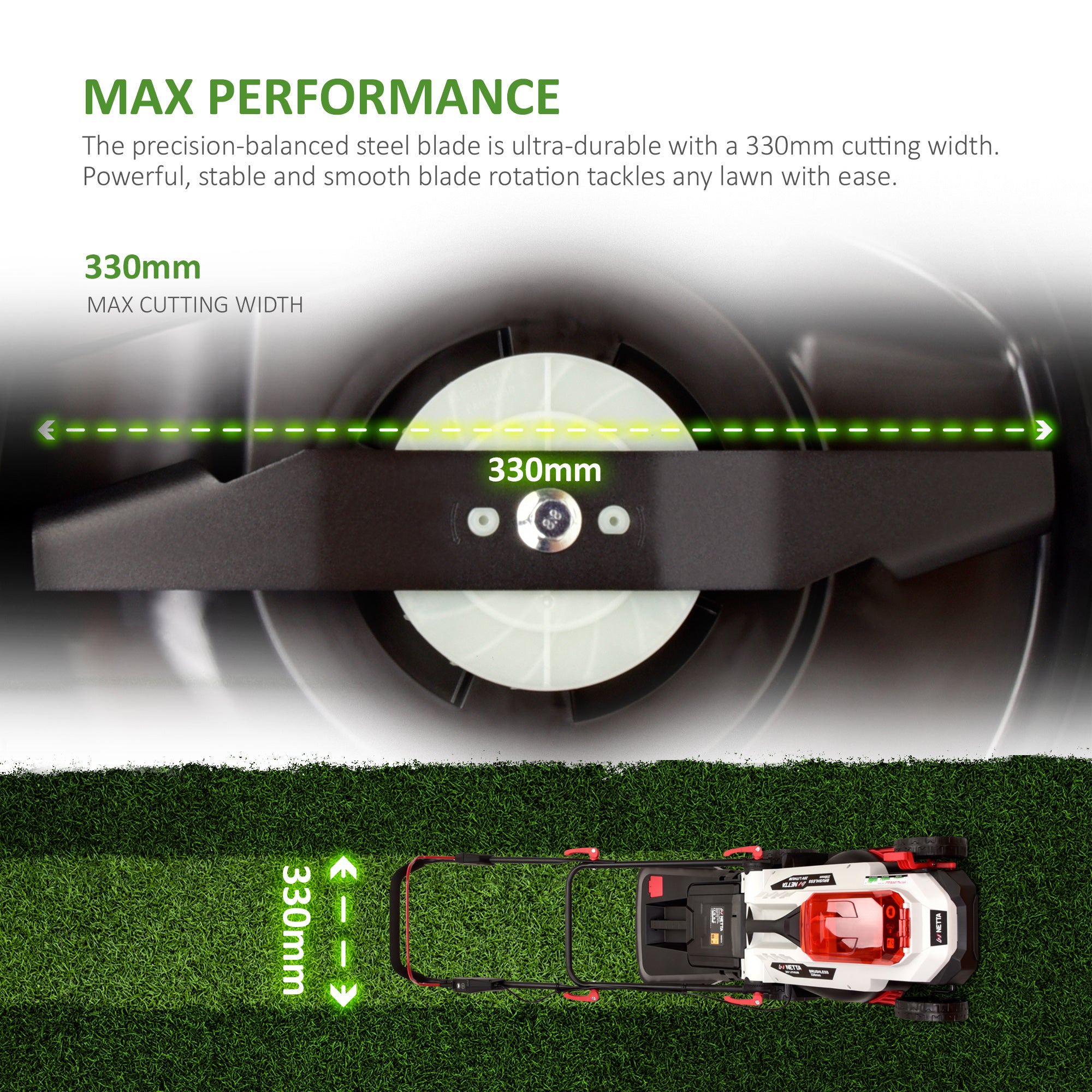 NETTA 20V Cordless Lawnmower – Brushless Motor, 33cm Cutting Width, 4.0Ah Battery & Charger, 5 Cutting Heights