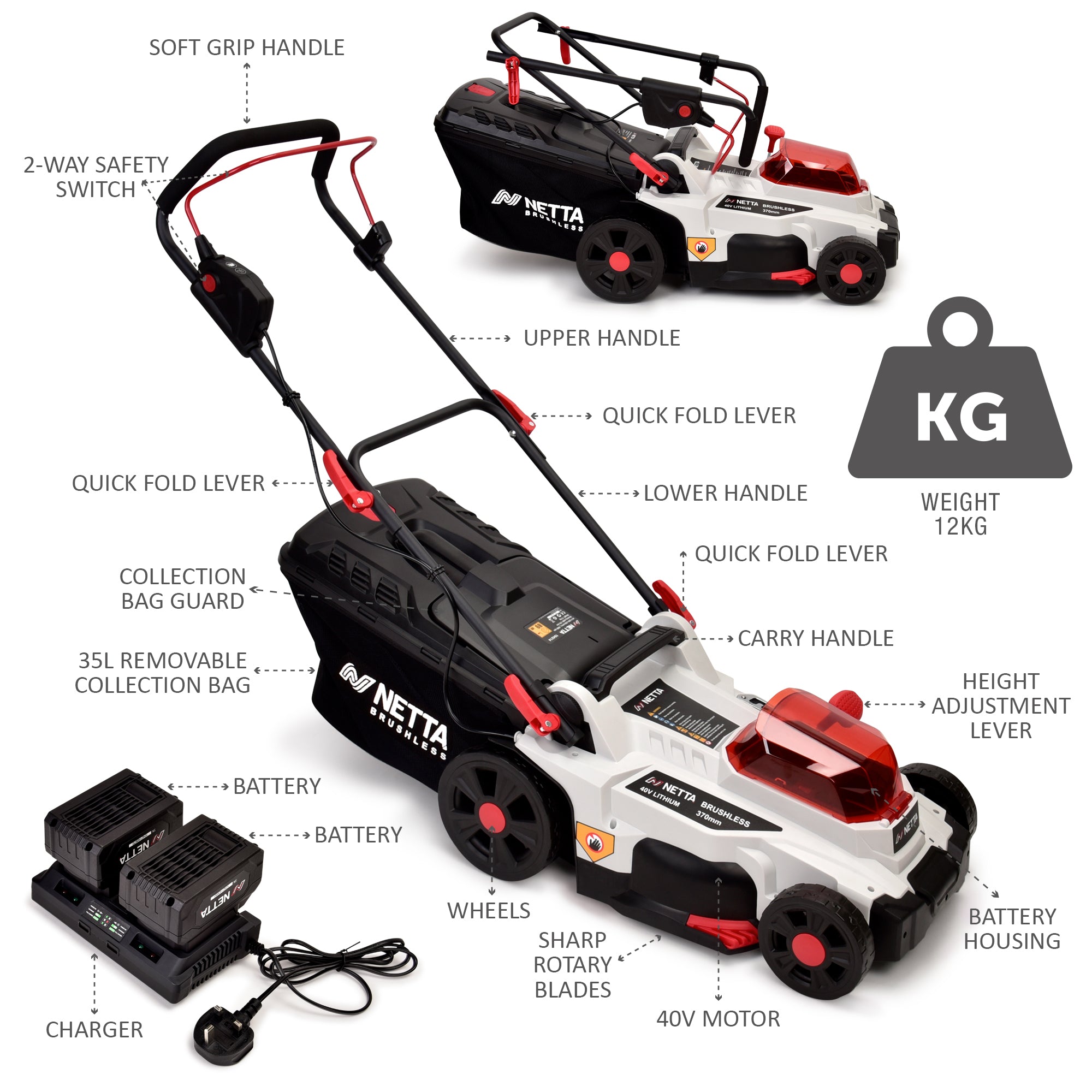 NETTA 40V Cordless Lawnmower – Brushless Motor, 37cm Cutting Width, 2×4.0Ah Batteries, 6 Height Settings