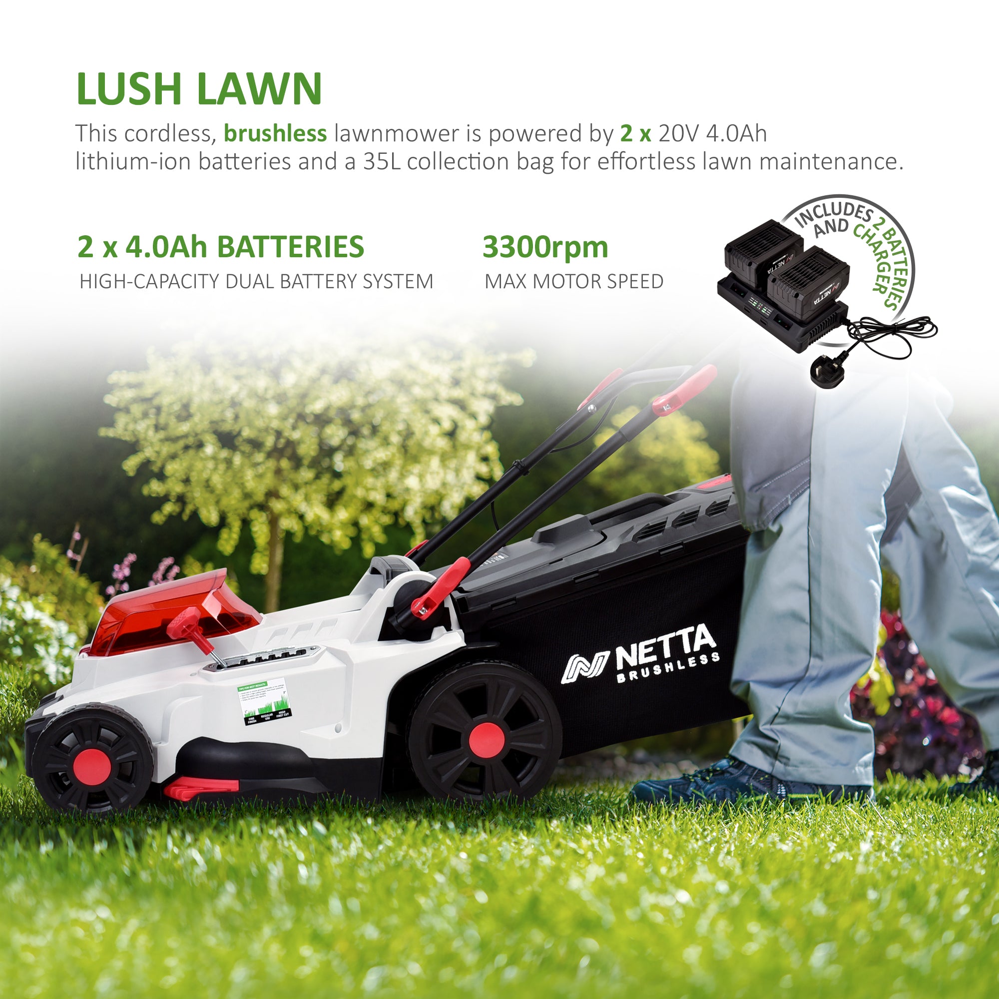 NETTA 40V Cordless Lawnmower – Brushless Motor, 37cm Cutting Width, 2×4.0Ah Batteries, 6 Height Settings