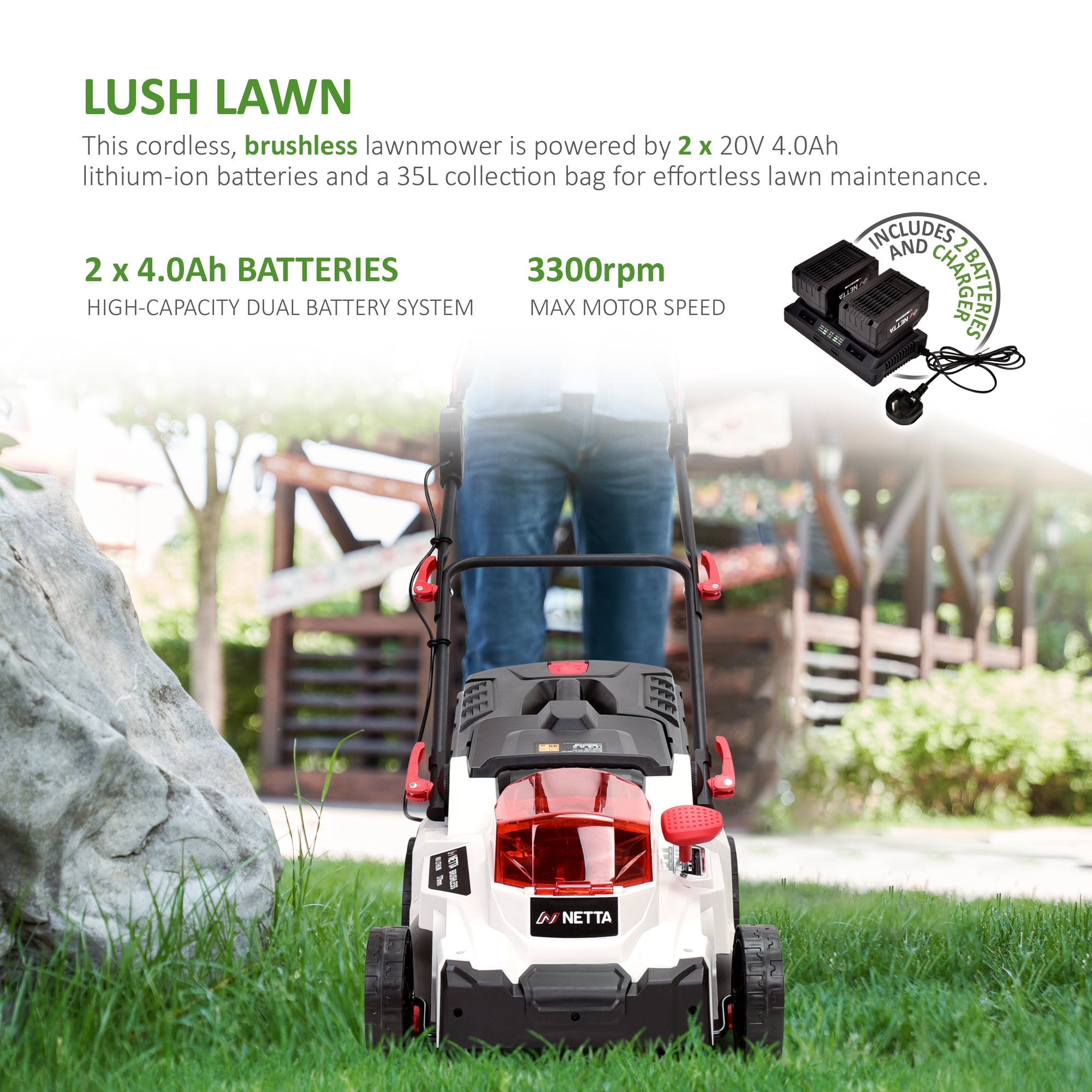NETTA 40V Cordless Lawnmower – Brushless Motor, 37cm Cutting Width, 2×4.0Ah Batteries, 6 Height Settings
