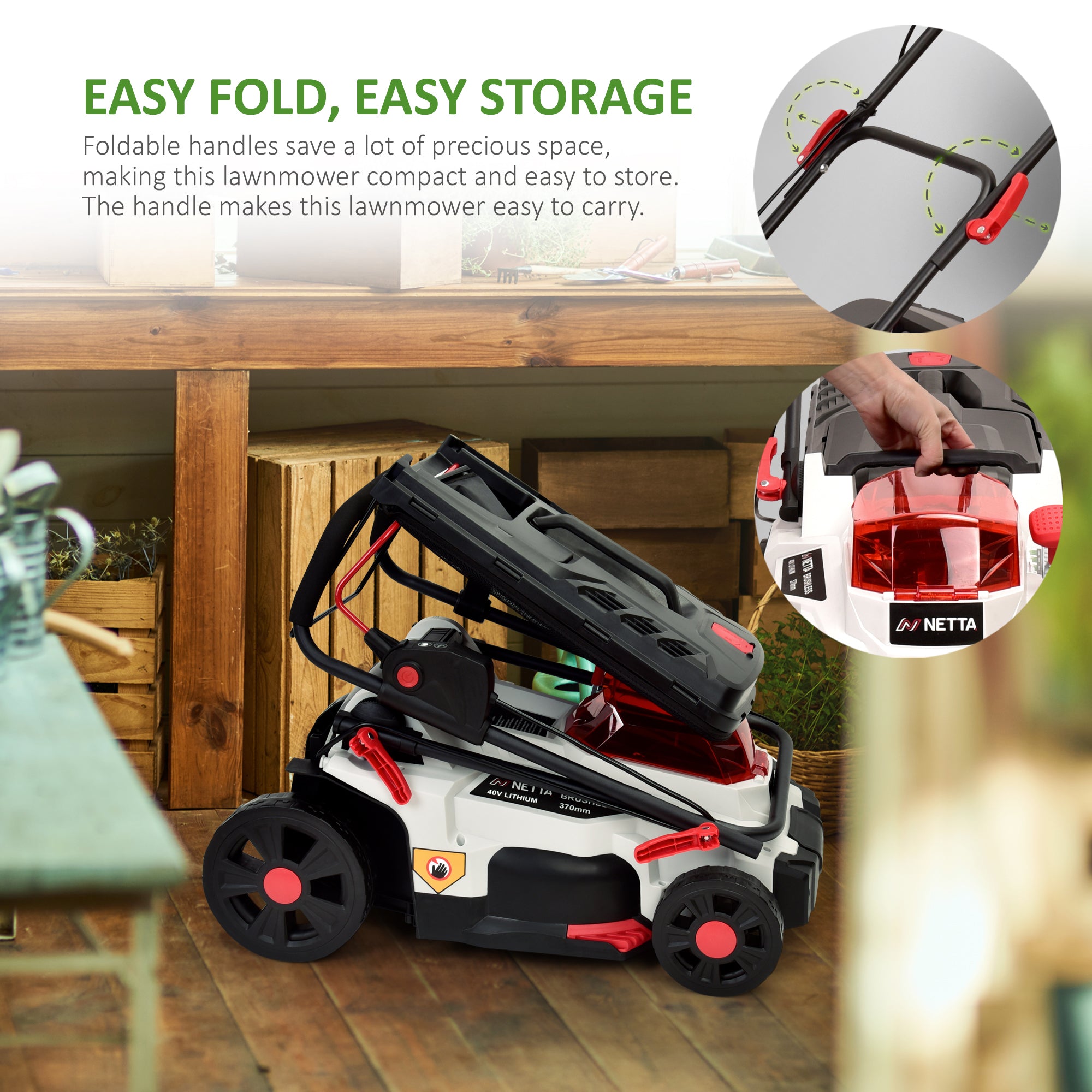 NETTA 40V Cordless Lawnmower – Brushless Motor, 37cm Cutting Width, 2×4.0Ah Batteries, 6 Height Settings