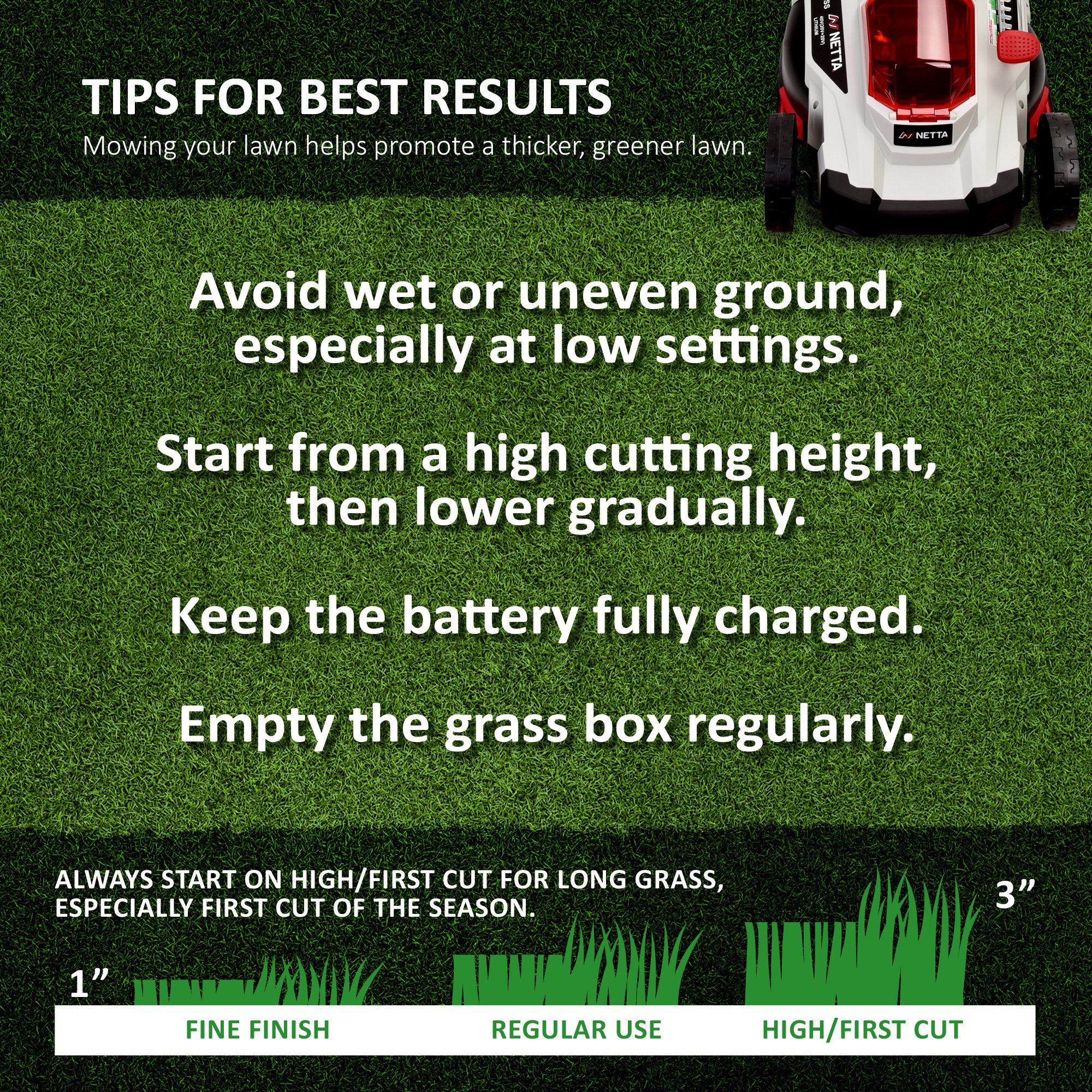NETTA 40V Cordless Lawnmower – Brushless Motor, 43cm Cutting Width, 2×4.0Ah Batteries & Charger, 6 Height Settings