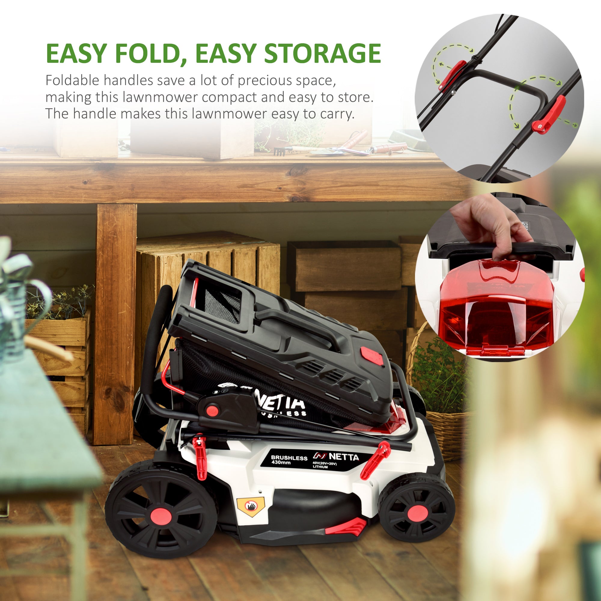 NETTA 40V Cordless Lawnmower – Brushless Motor, 43cm Cutting Width, 2×4.0Ah Batteries & Charger, 6 Height Settings