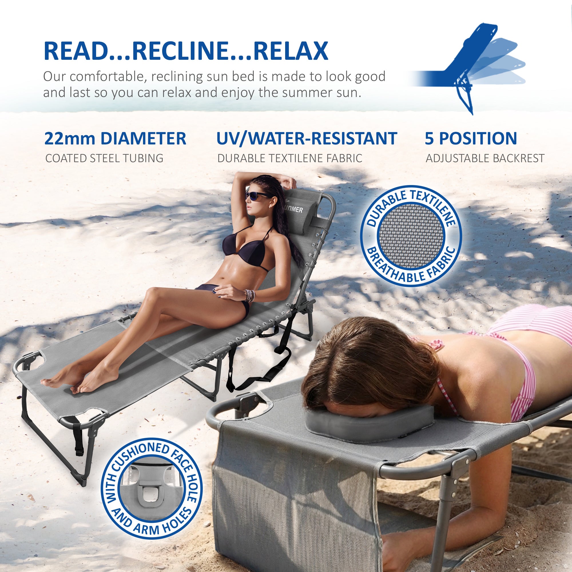 SUNMER Set of 2 Reclining Sun Loungers with Reading Hole