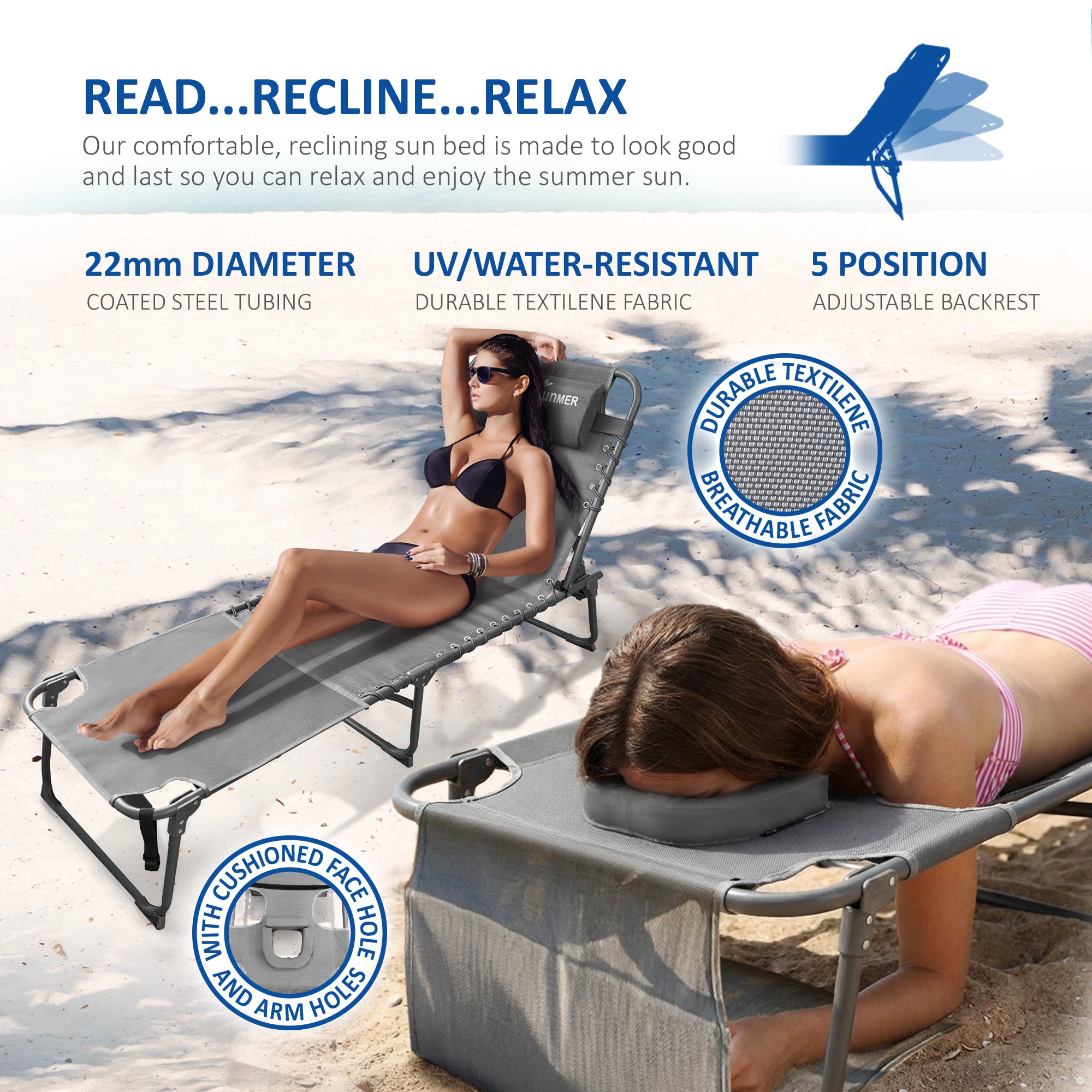 SUNMER Set of 2 Reclining Sun Loungers with Reading Hole