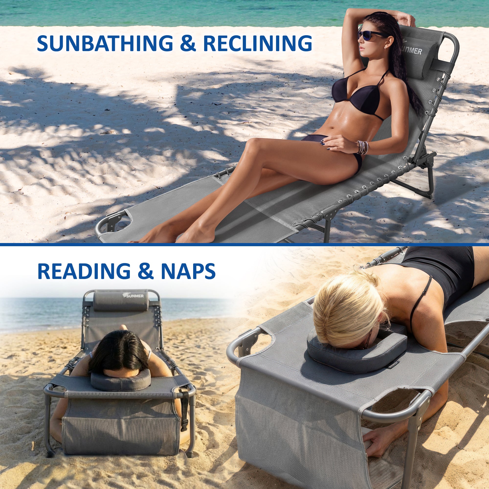 SUNMER Set of 2 Reclining Sun Loungers with Reading Hole