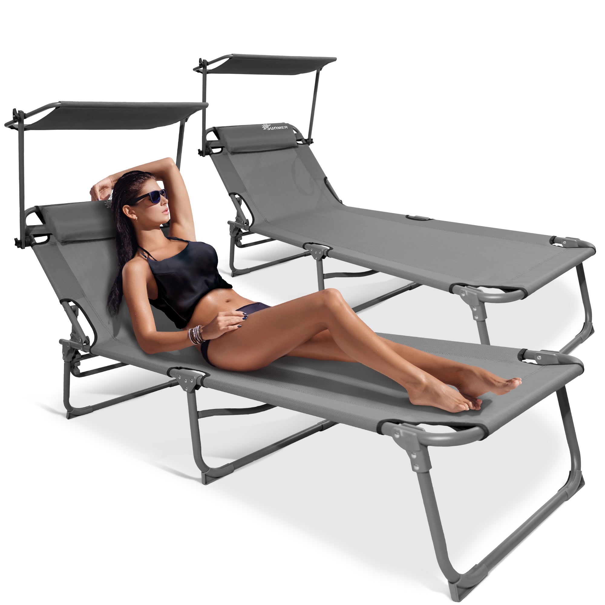 SUNMER Set of 2 Reclining Sun Loungers – Folding Garden Sunbeds with Canopy and Adjustable Backrest