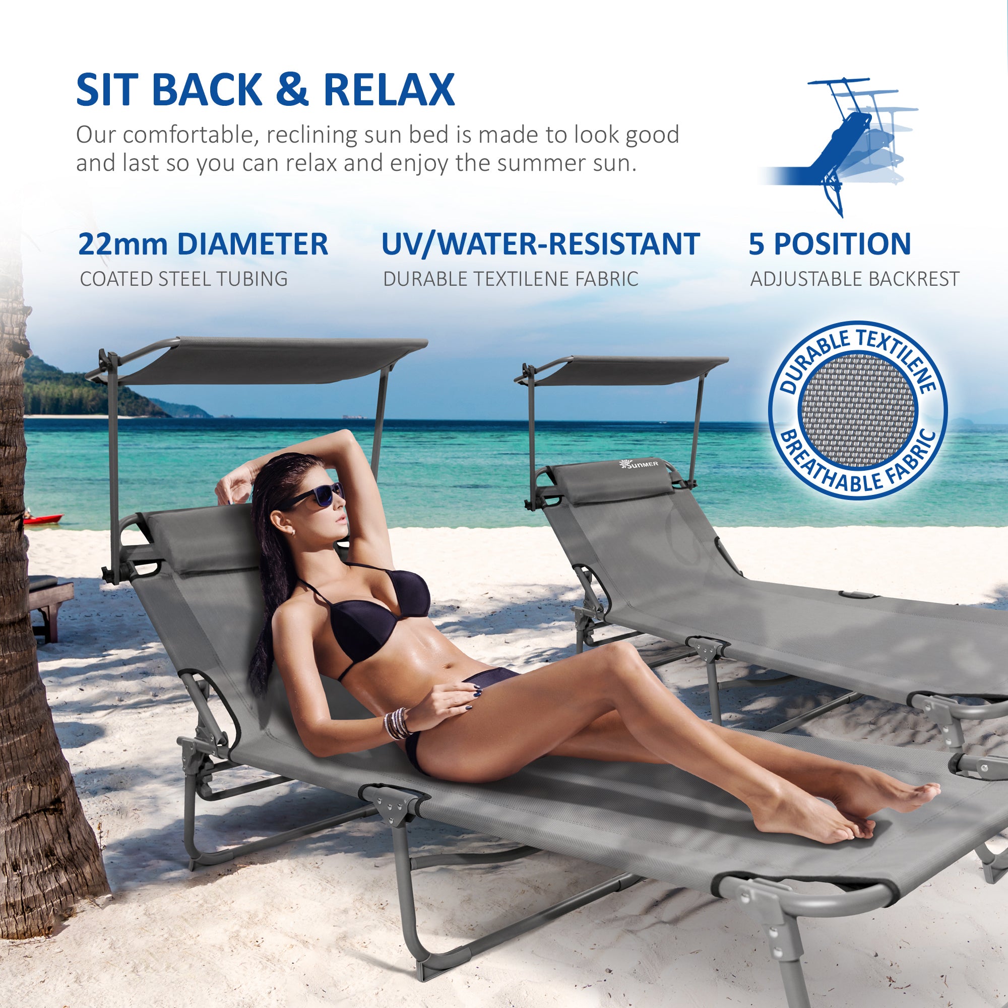 SUNMER Set of 2 Reclining Sun Loungers – Folding Garden Sunbeds with Canopy and Adjustable Backrest