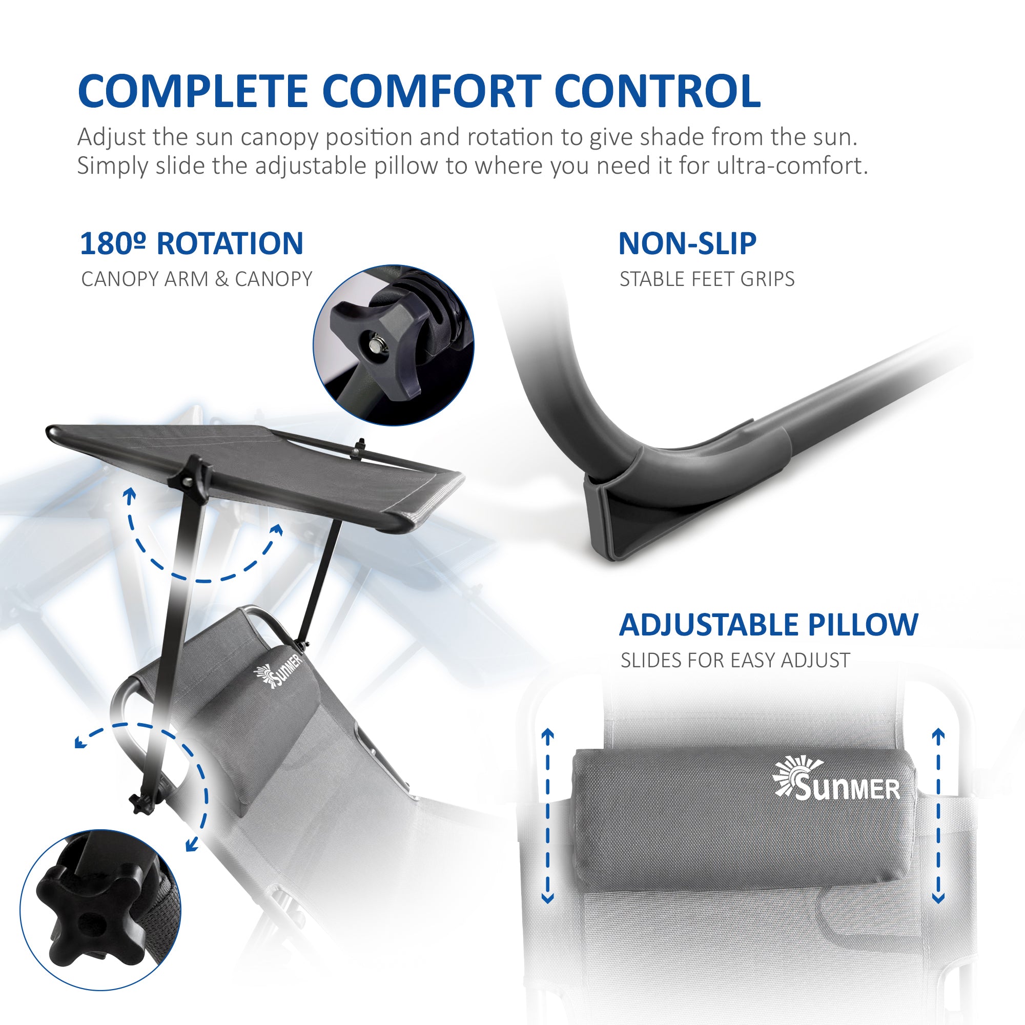 SUNMER Set of 2 Reclining Sun Loungers – Folding Garden Sunbeds with Canopy and Adjustable Backrest