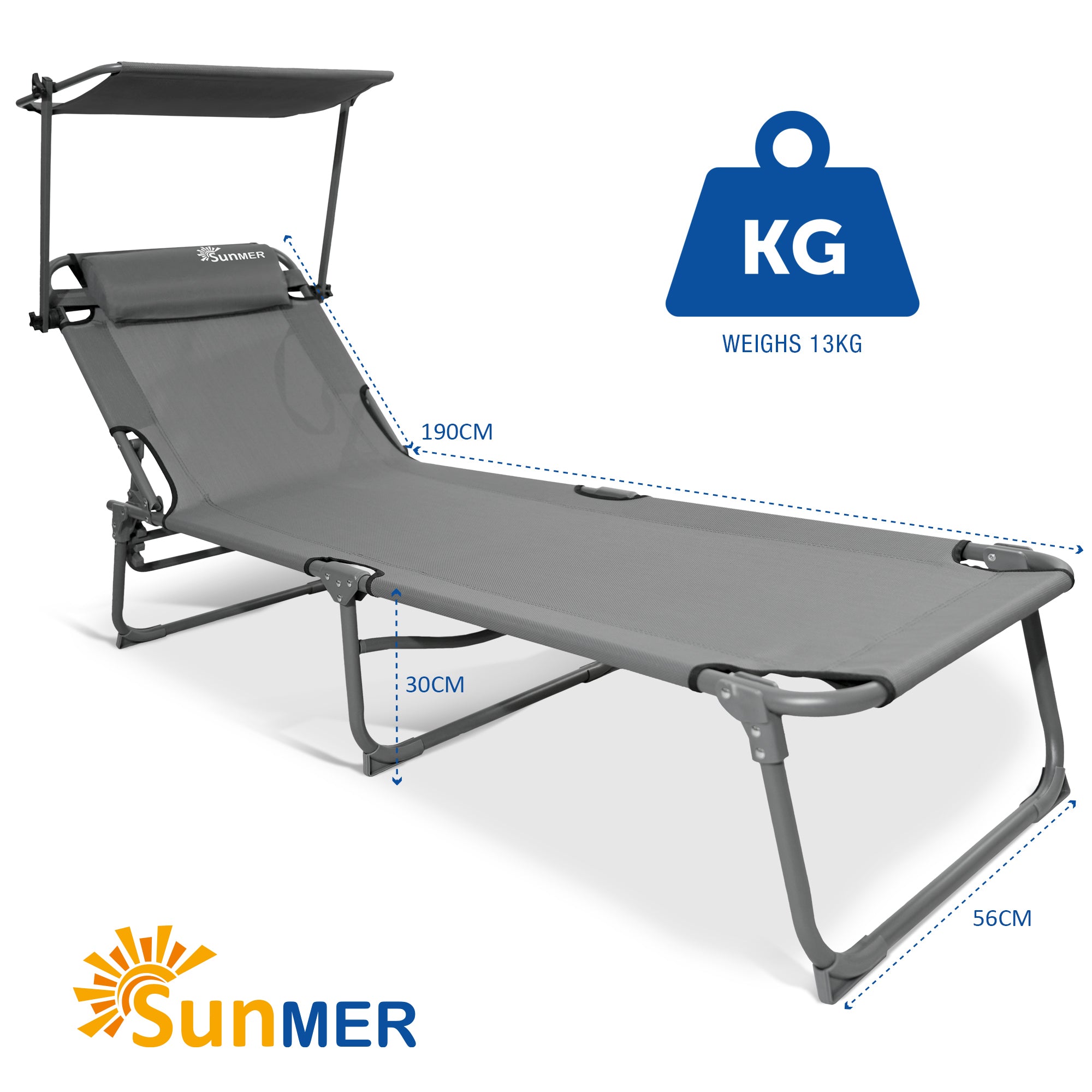 SUNMER Set of 2 Reclining Sun Loungers – Folding Garden Sunbeds with Canopy and Adjustable Backrest