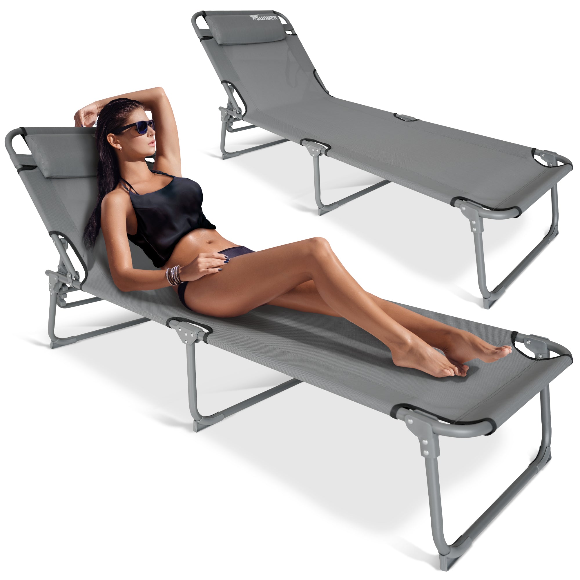 SUNMER Set of 2 Reclining Sun Loungers – Folding Garden Sunbeds with Adjustable Backrest