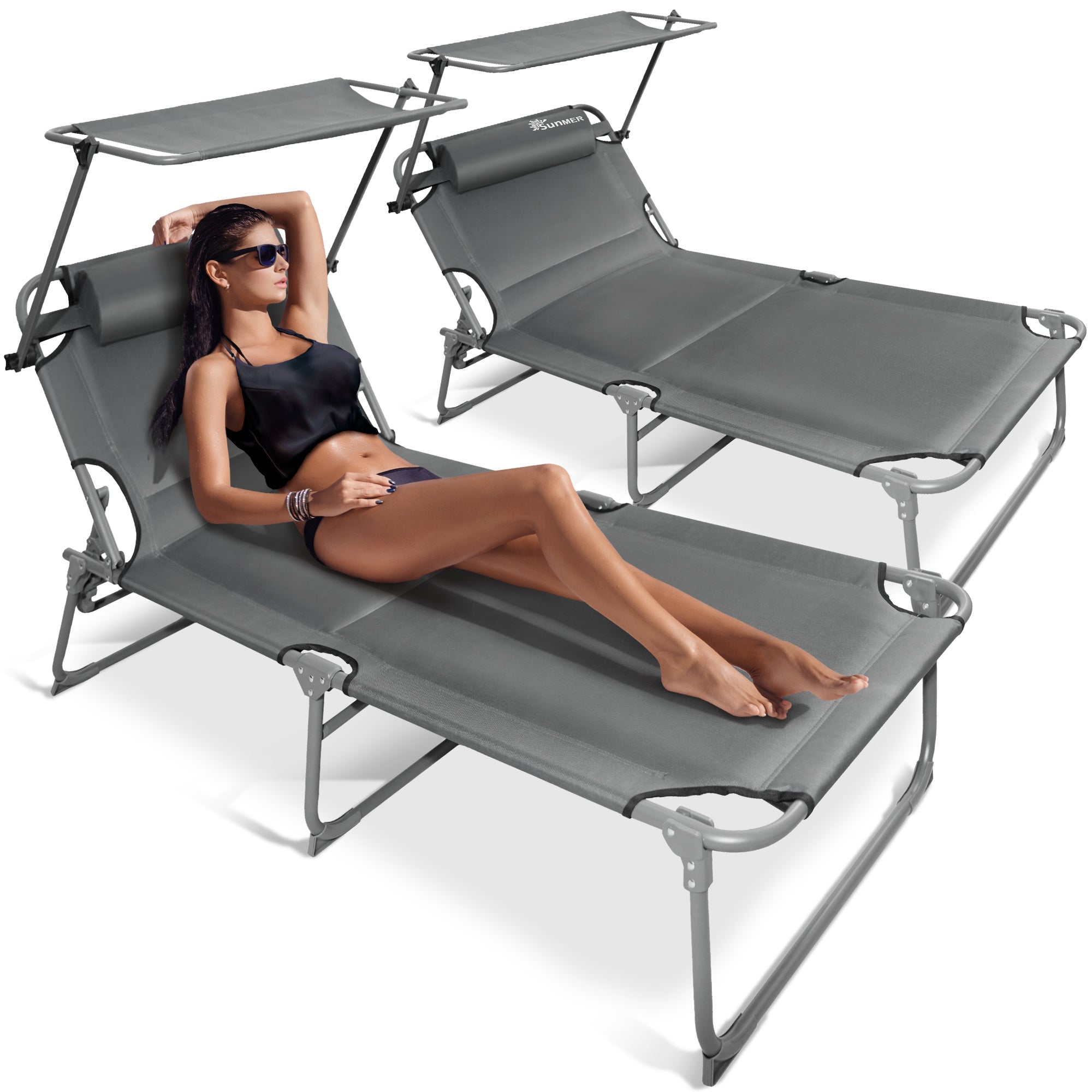 SUNMER Set of 2 Extra-Wide Reclining Sun Loungers – Folding Garden Sunbeds with Canopy and Adjustable Backrest