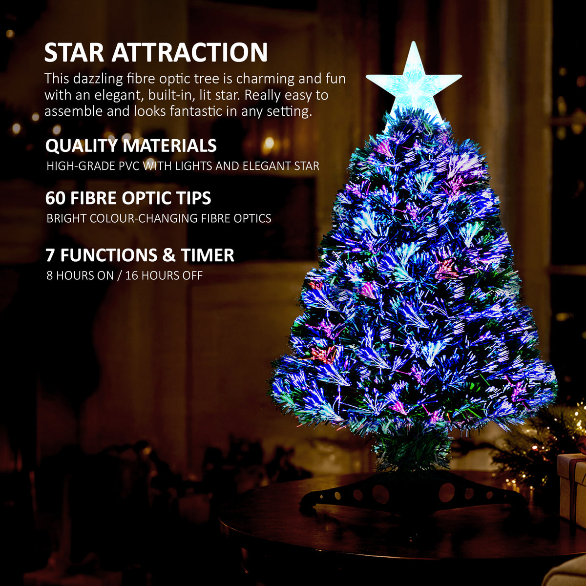 VeryMerry Fibre Optic Christmas Tree with Timer Lights, Pre-Lit Artificial Xmas Tree