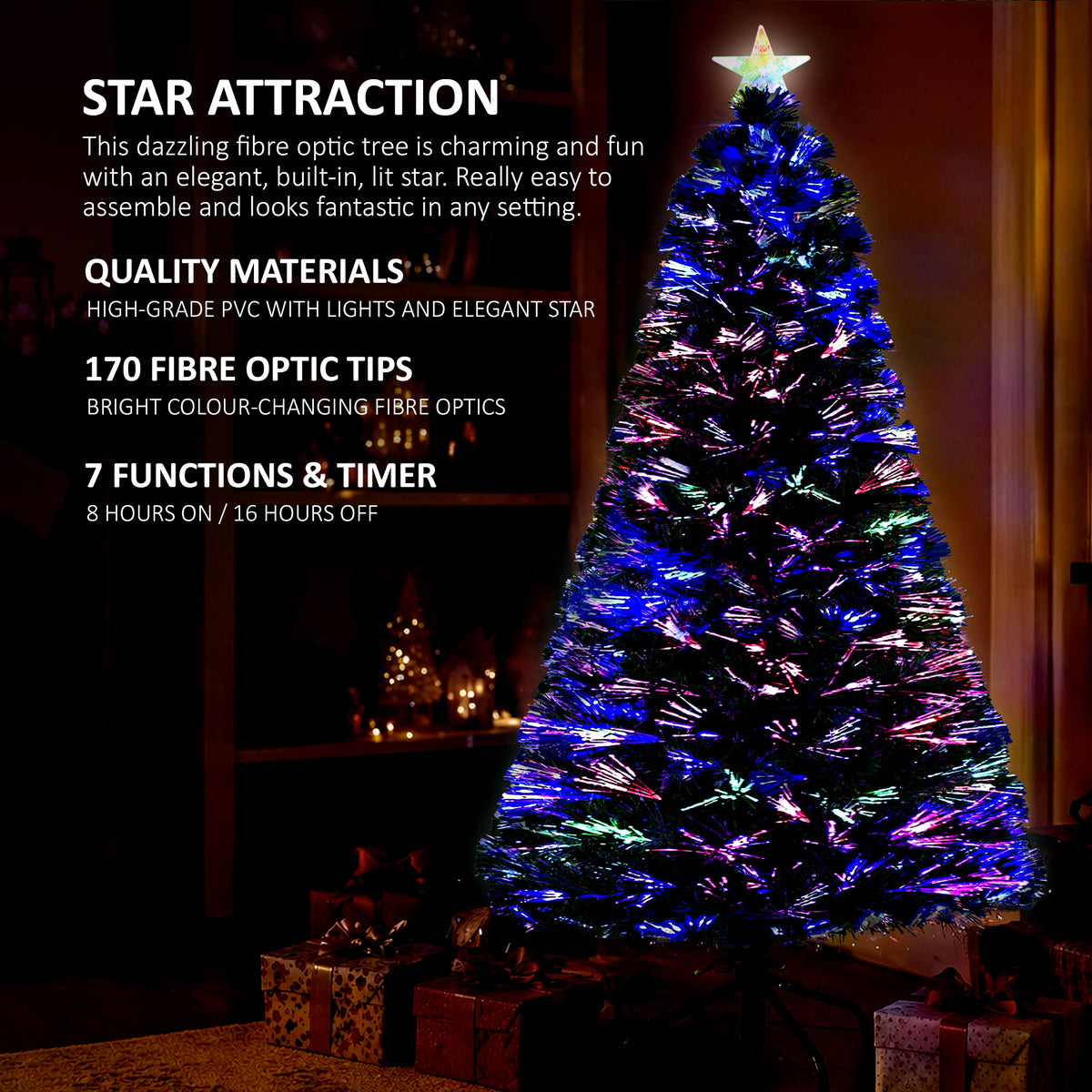 VeryMerry Fibre Optic Christmas Tree with Timer Lights, Pre-Lit Artificial Xmas Tree
