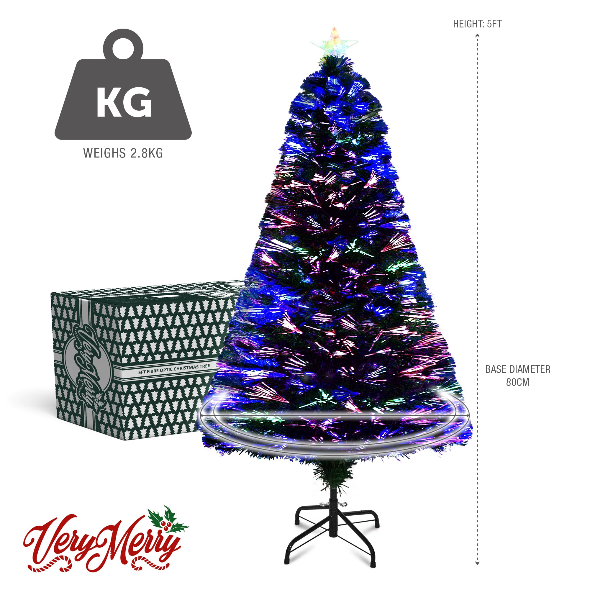 VeryMerry Fibre Optic Christmas Tree with Timer Lights, Pre-Lit Artificial Xmas Tree