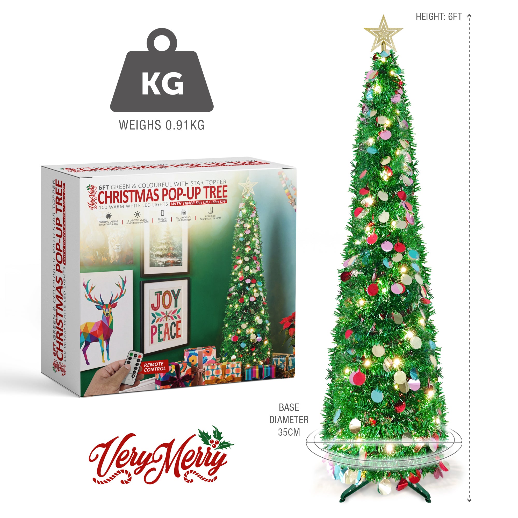 VeryMerry Pop Up Christmas Tree with LED Lights & Timer