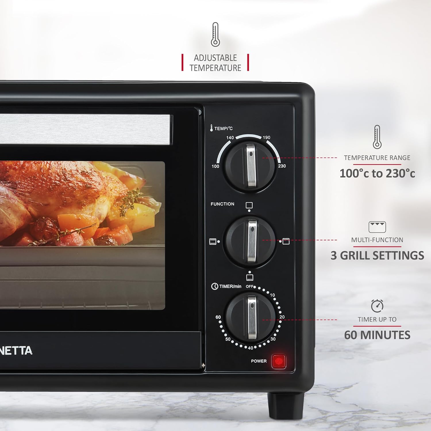 NETTA 30L Electric Mini Oven, Multiple Cooking Functions & Grill, Temperature Control Timer Black