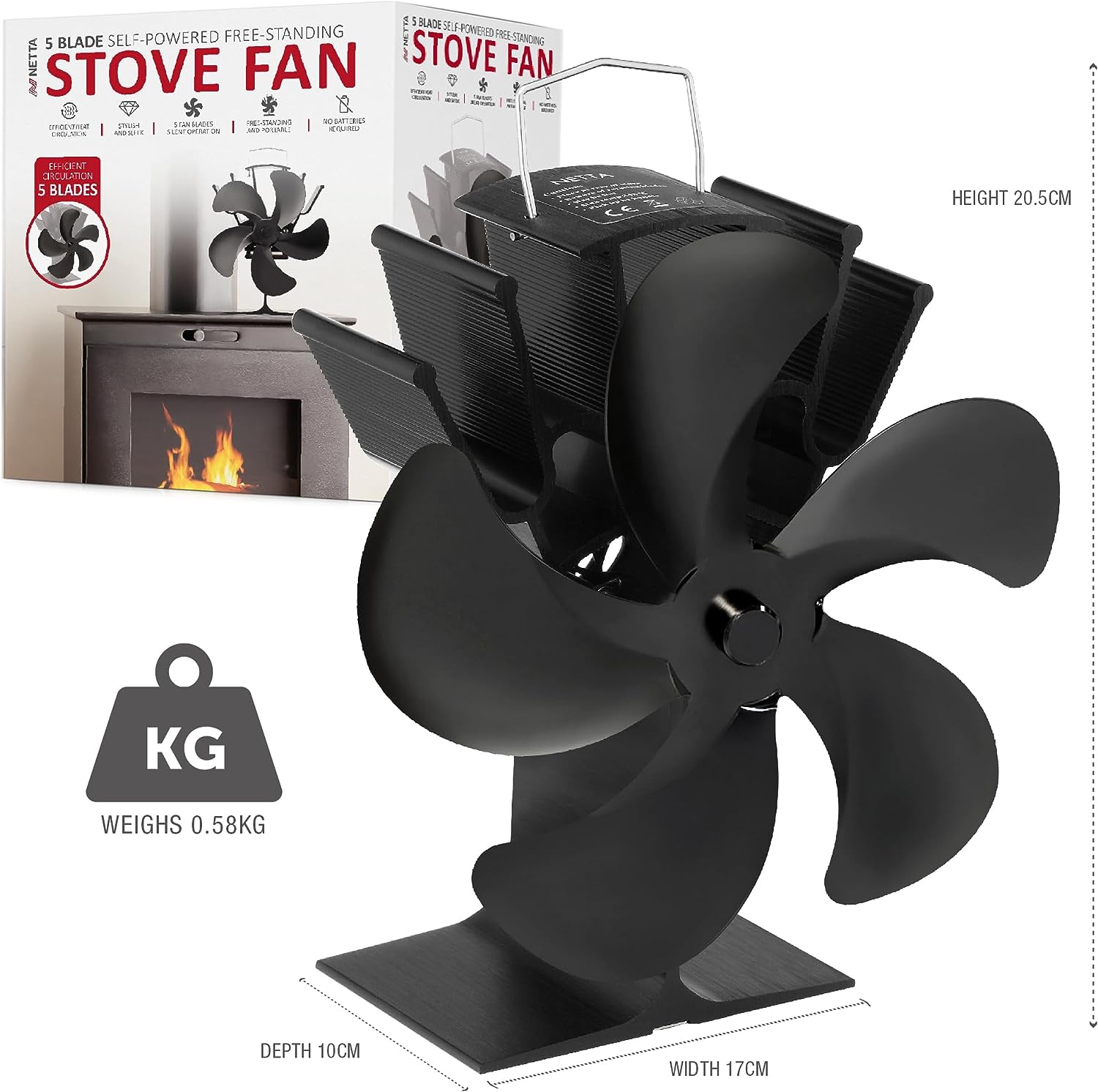 NETTA 5 Blade Heat-Powered Fireplace Stove Fan Silent Operation - Black