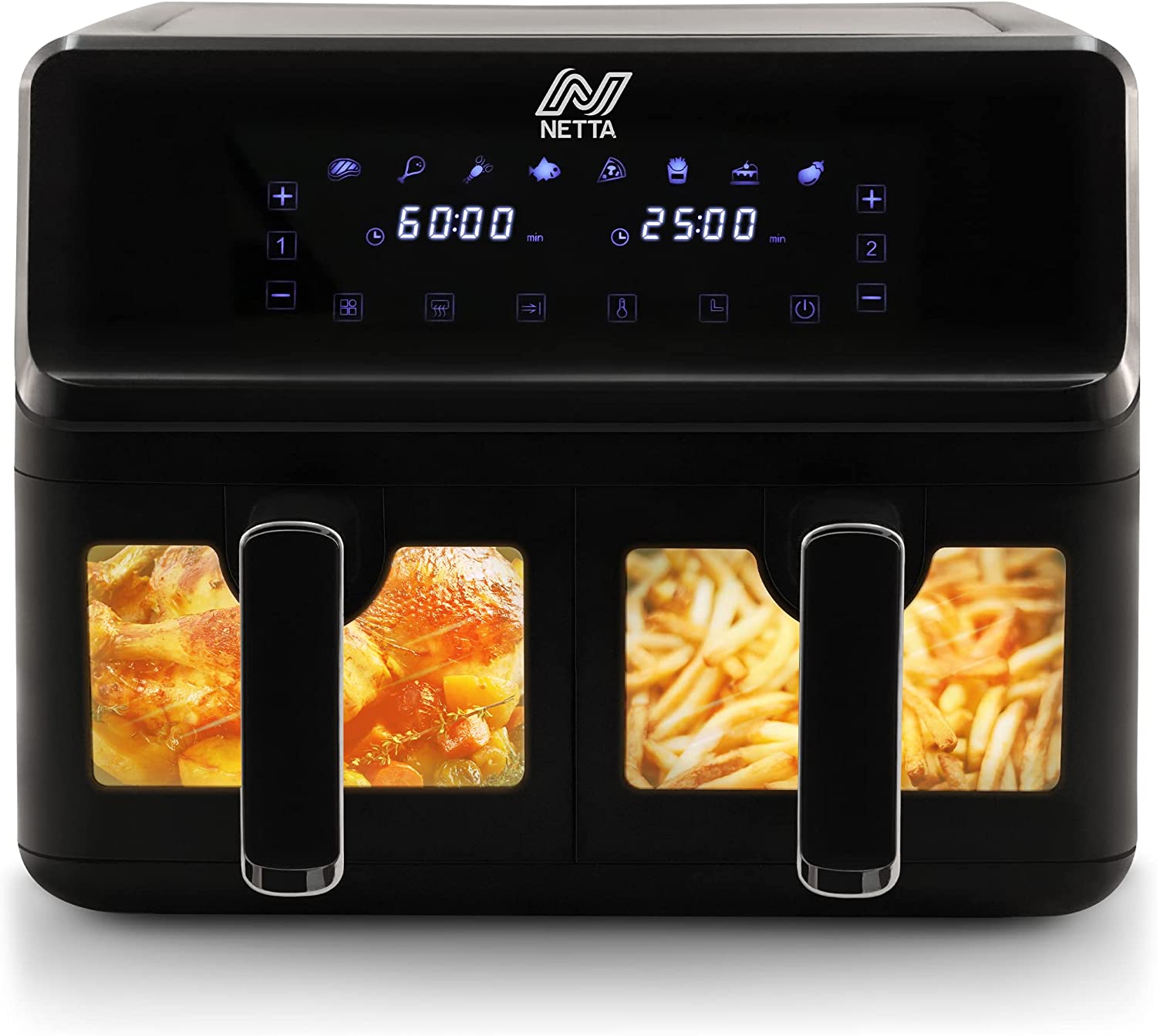 NETTA Dual Basket Air Fryer with LED Touch Screen Display, 8 Cooking Pre-Sets and Timer - Dishwasher Safe