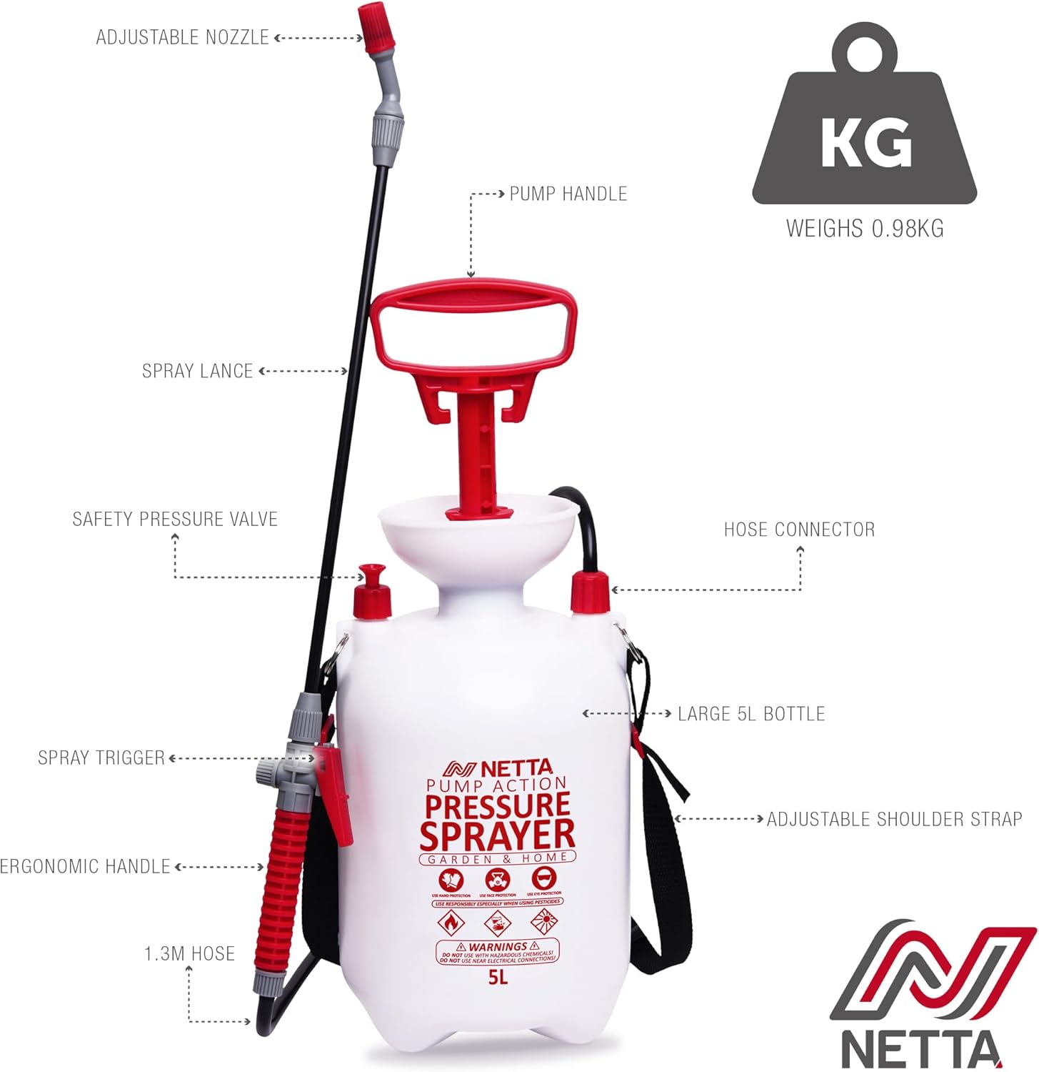 NETTA Garden Sprayer Pressure Pump Sprayer for Weed Killer, Patio Cleaning, Fertilizer, Pesticides, Fungicides, Water Car Cleaning