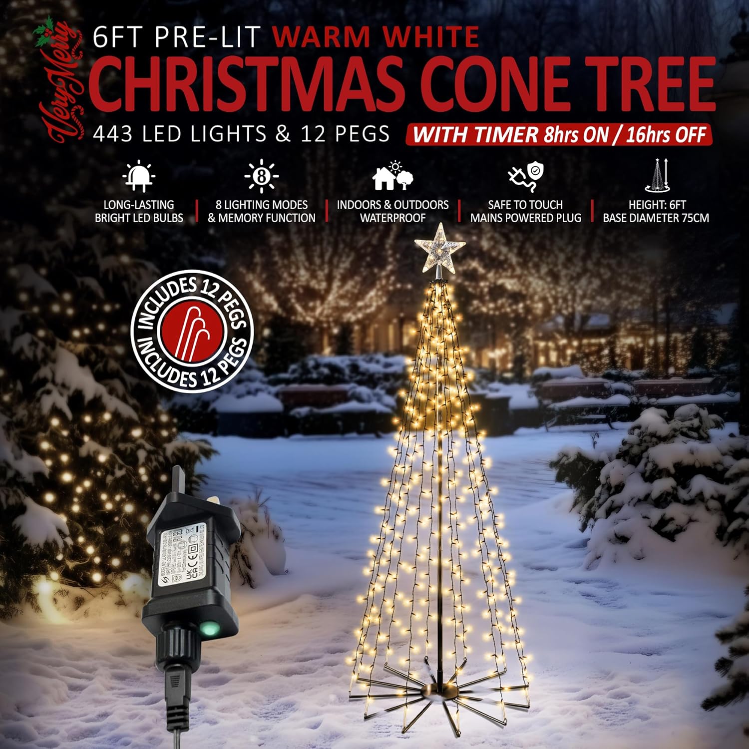 VeryMerry Christmas Cone Tree Warm White for Indoor Outdoor Use, LED Light Pre Lit With Auto-Off Timer, 8 Lighting Modes