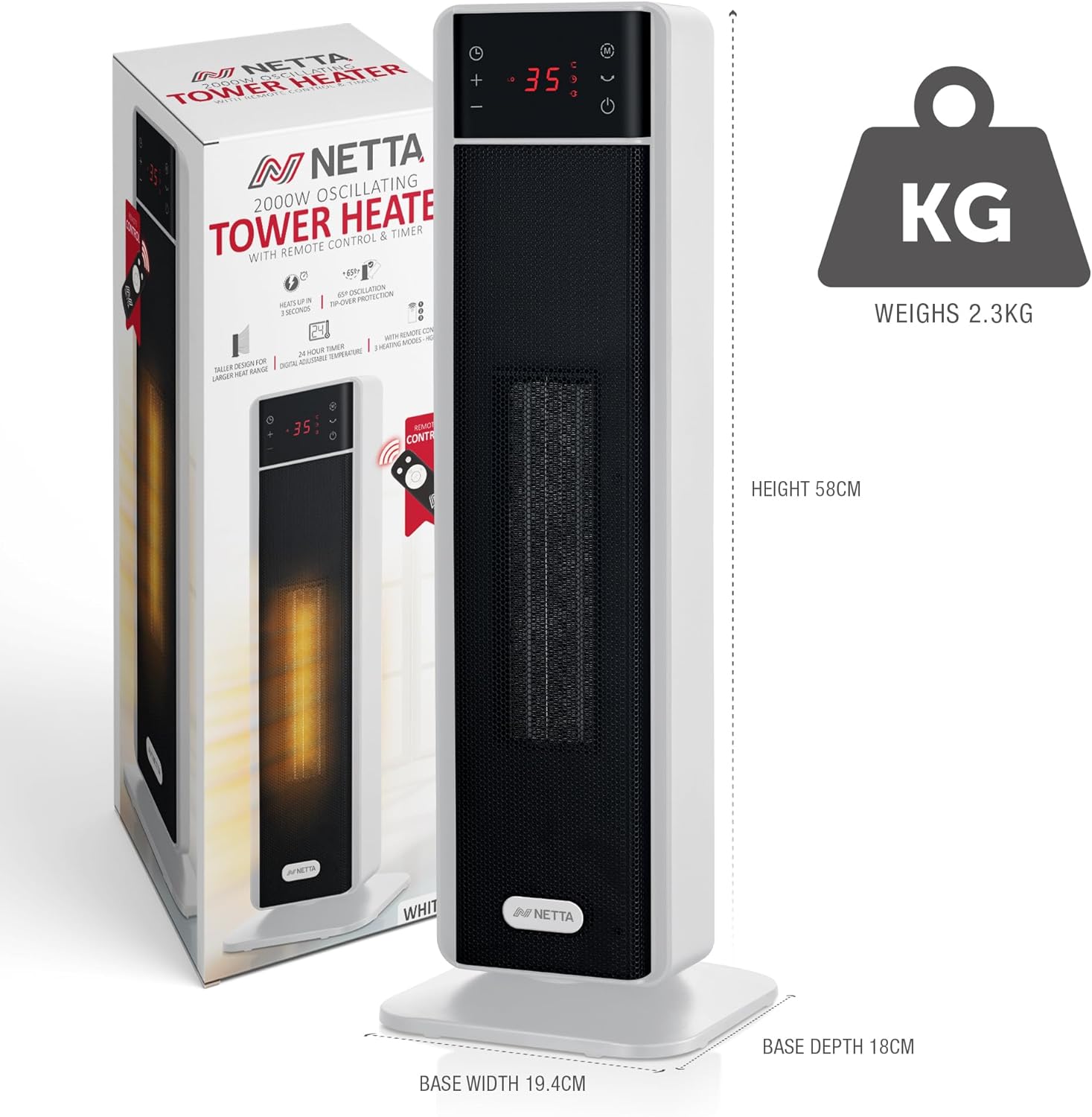 NETTA Tall Ceramic Tower Heater 2000W, Portable Electric Heater with Remote