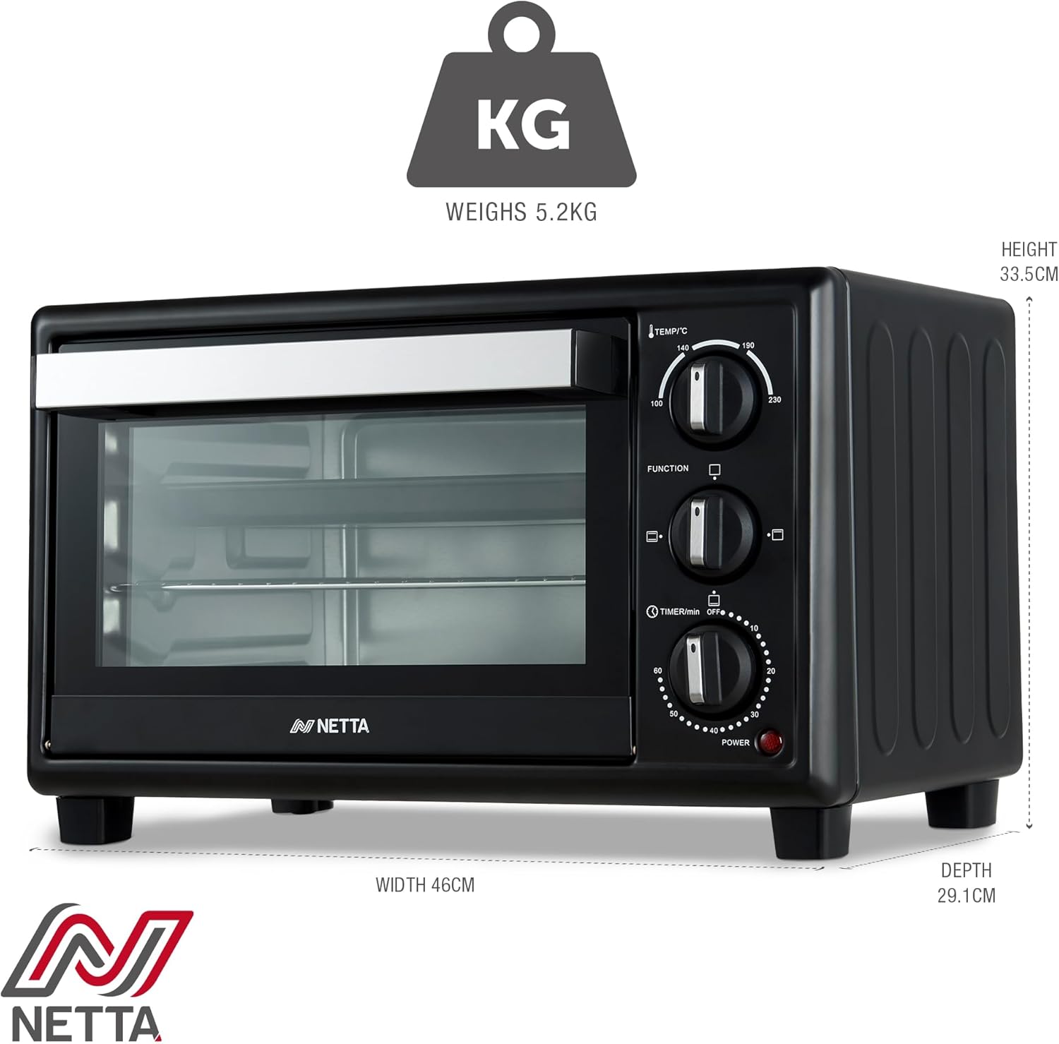 NETTA Mini Oven 20L Portable Electric Grill - Multi Cooking Function Grill and Bake - Adjustable Temperature Control, Timer