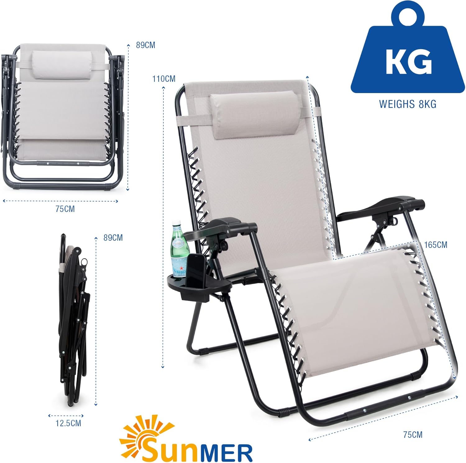 SUNMER Extra Wide Set of 2 Sun Lounger Garden Chairs With Cup And Phone Holder