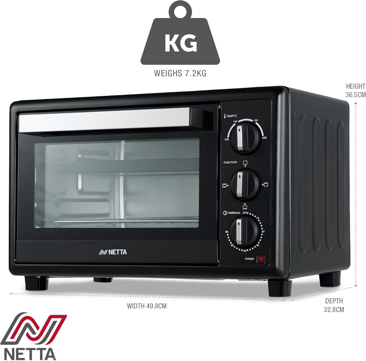 NETTA 30L Electric Mini Oven, Multiple Cooking Functions & Grill, Temperature Control Timer Black