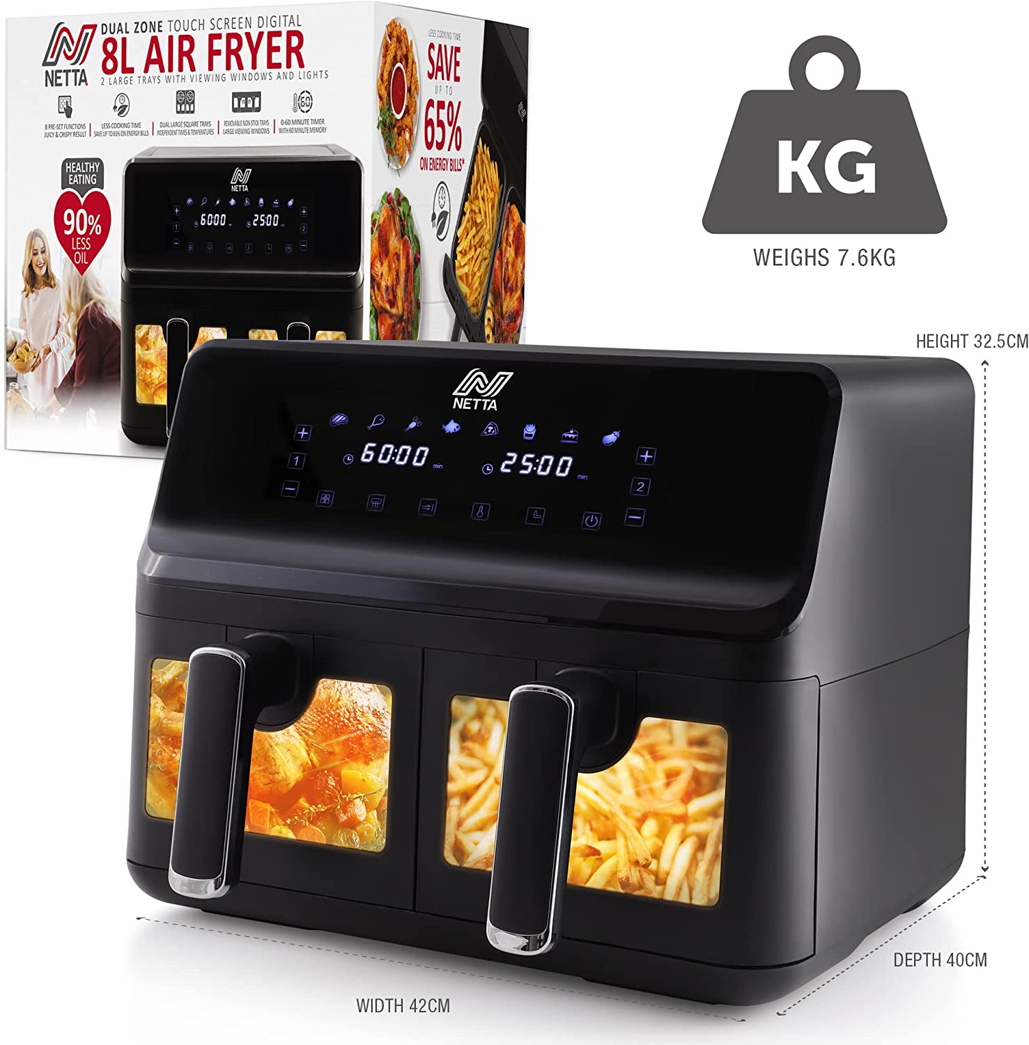 NETTA Dual Basket Air Fryer with LED Touch Screen Display, 8 Cooking Pre-Sets and Timer - Dishwasher Safe