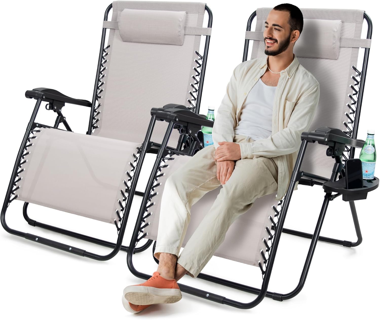 SUNMER Extra Wide Set of 2 Sun Lounger Garden Chairs With Cup And Phone Holder