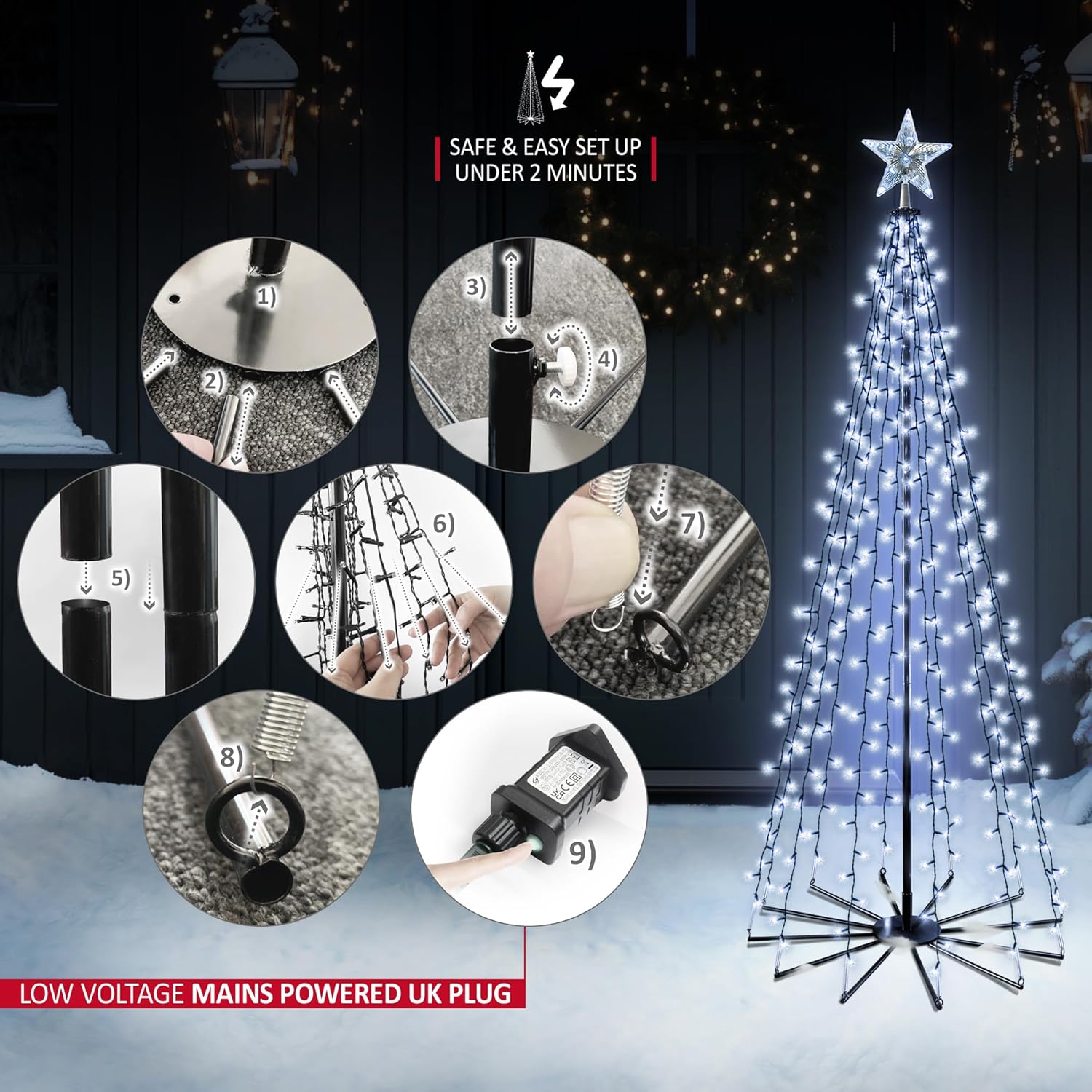 VeryMerry Christmas Cone Tree Warm White for Indoor Outdoor Use, LED Light Pre Lit With Auto-Off Timer, 8 Lighting Modes