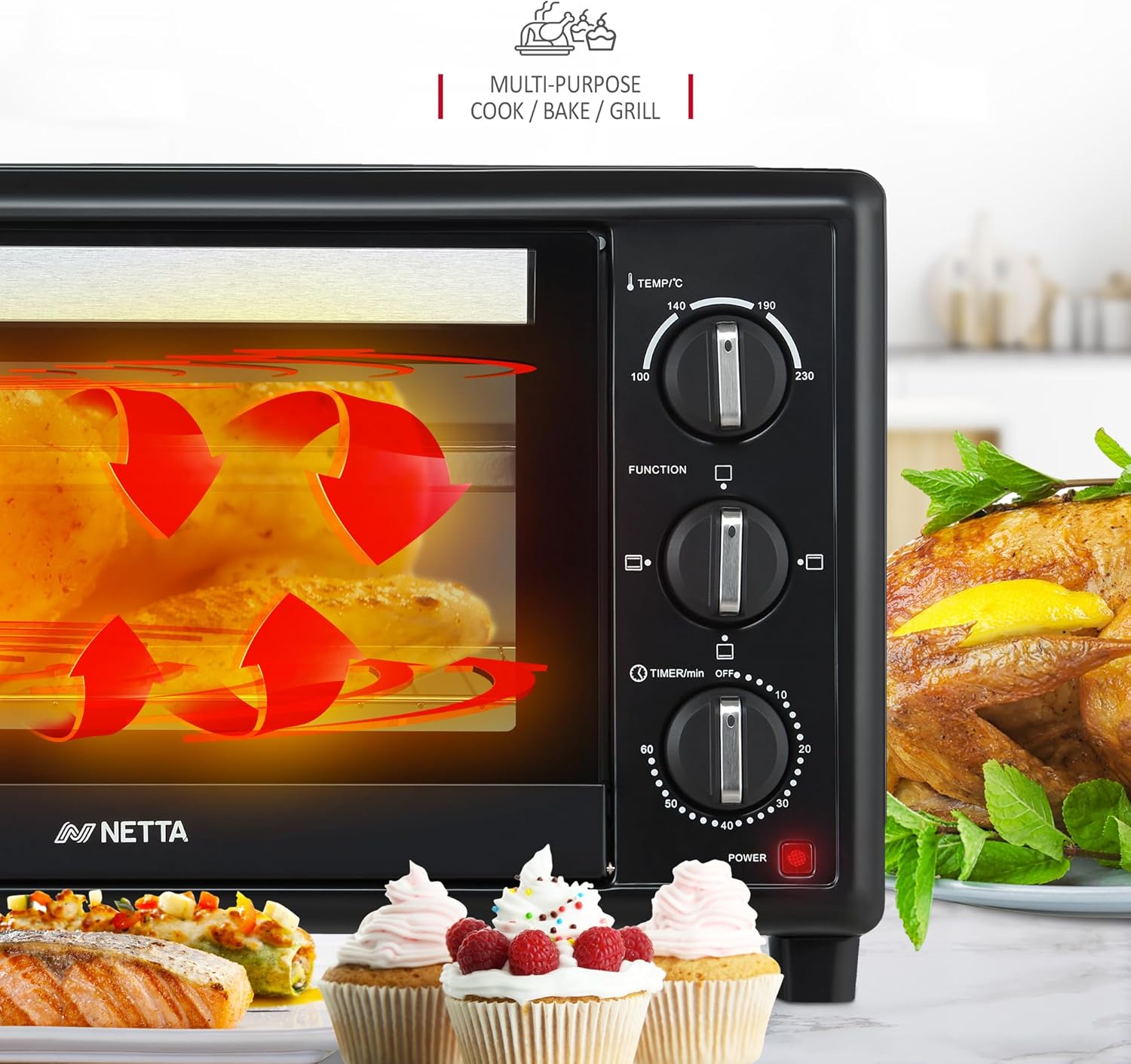NETTA 30L Electric Mini Oven, Multiple Cooking Functions & Grill, Temperature Control Timer Black