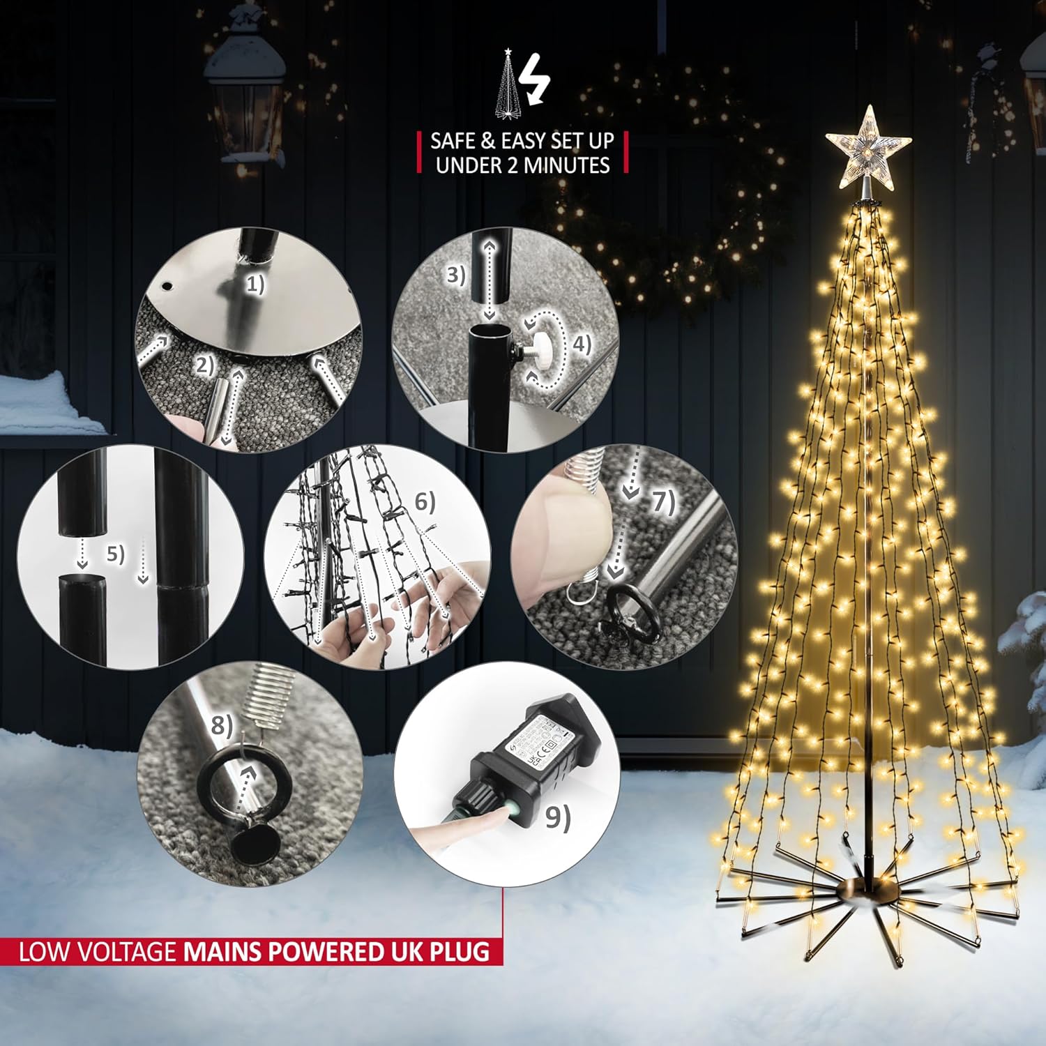 VeryMerry Christmas Cone Tree Warm White for Indoor Outdoor Use, LED Light Pre Lit With Auto-Off Timer, 8 Lighting Modes