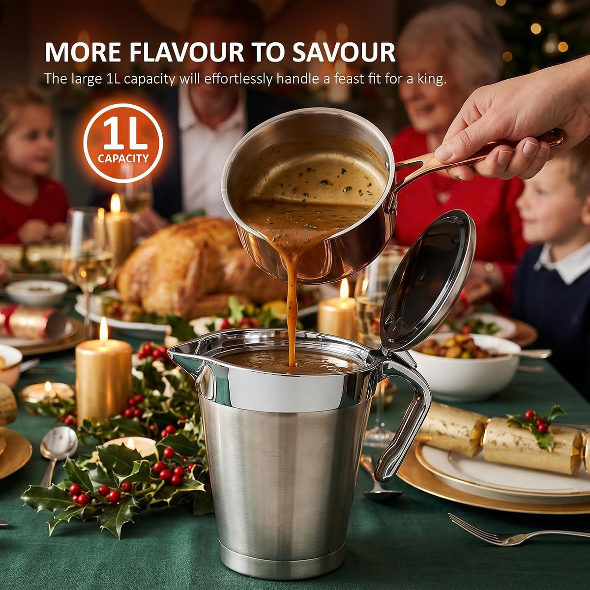 NETTA 1L Stainless Steel Gravy Boat with Lid – Double Wall Insulated Sauce Jug for Gravy, Custard, Cream & Sauces