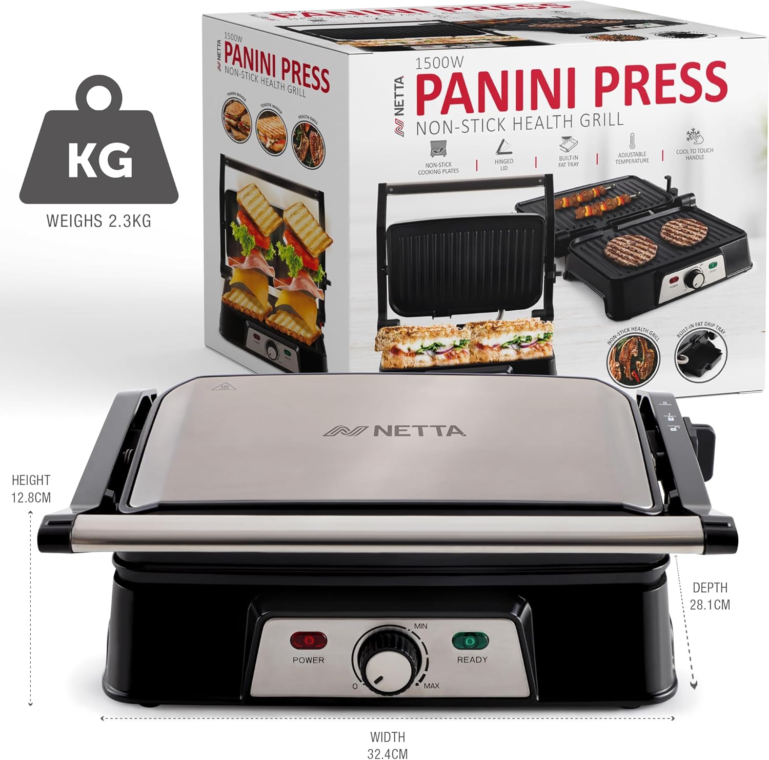 NETTA 1500W 2-Slice Panini Maker & Health Grill
