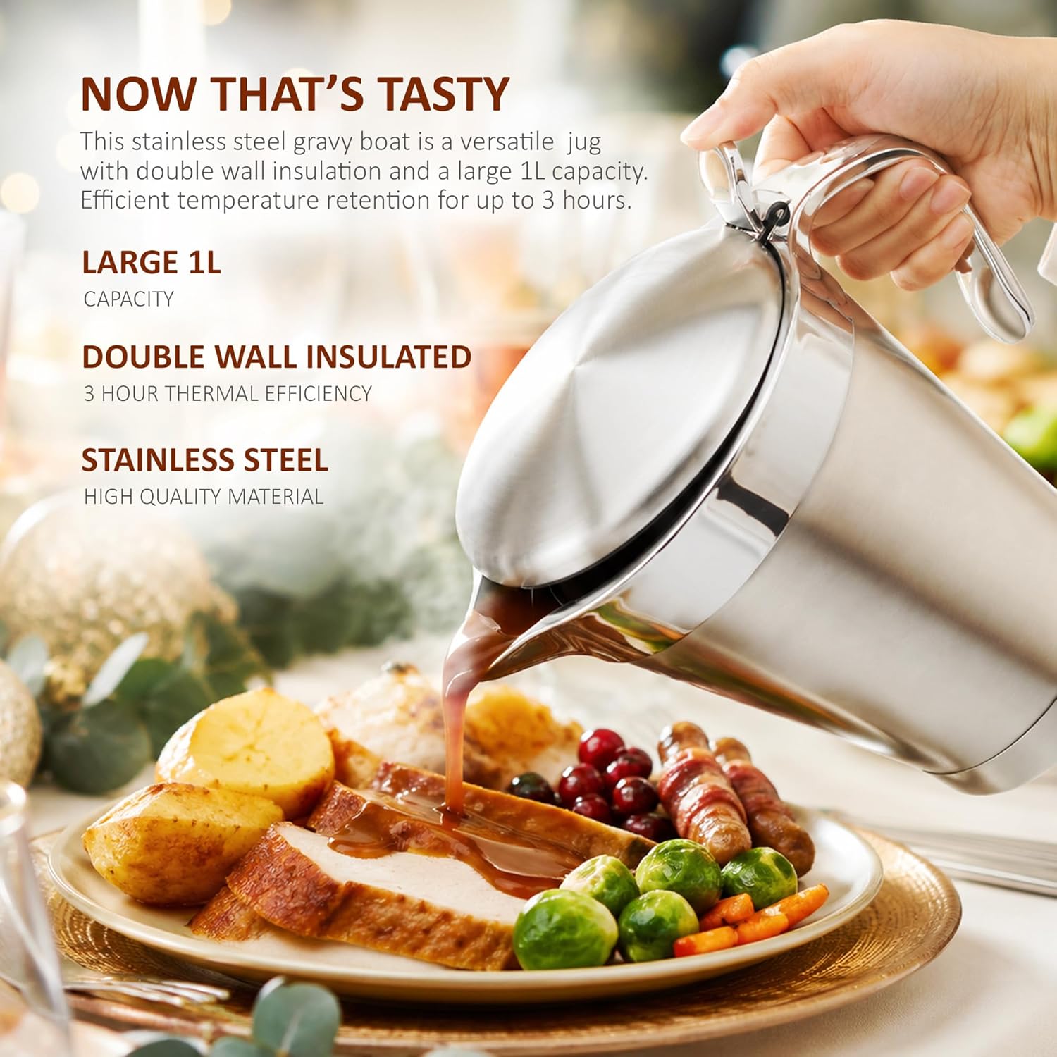 NETTA 1L Stainless Steel Gravy Boat with Lid – Double Wall Insulated Sauce Jug for Gravy, Custard, Cream & Sauces