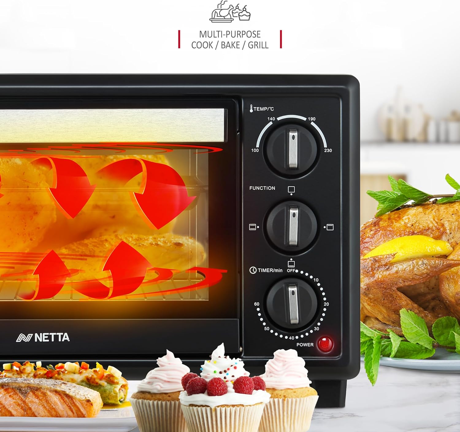 NETTA Mini Oven 20L Portable Electric Grill - Multi Cooking Function Grill and Bake - Adjustable Temperature Control, Timer