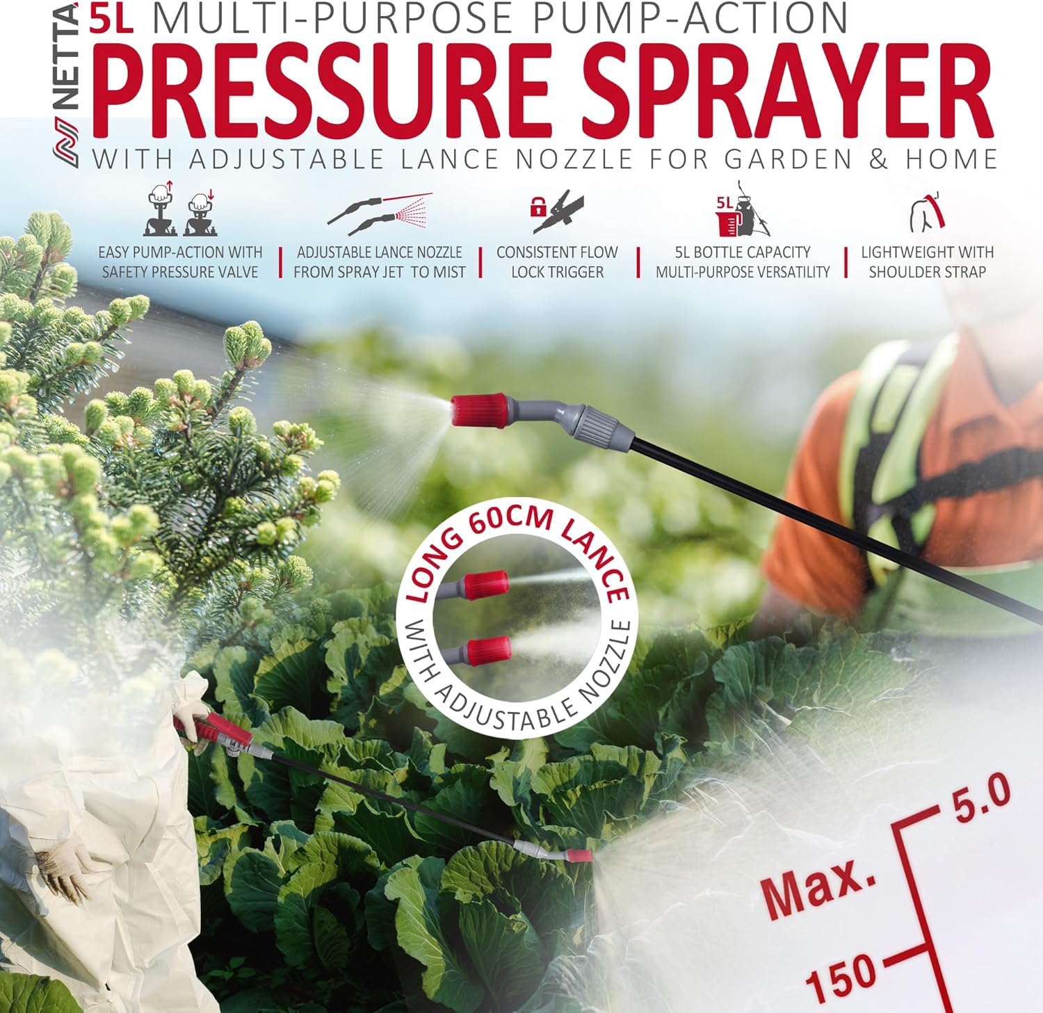 NETTA Garden Sprayer Pressure Pump Sprayer for Weed Killer, Patio Cleaning, Fertilizer, Pesticides, Fungicides, Water Car Cleaning