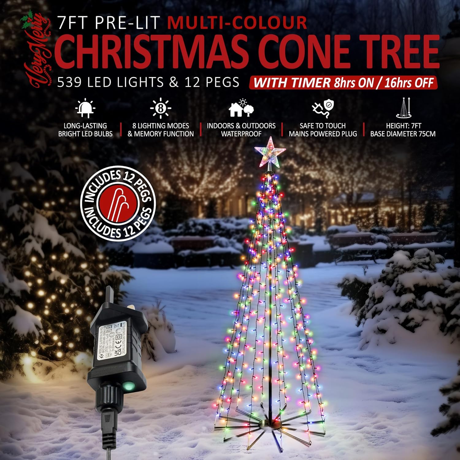 VeryMerry Christmas Cone Tree Warm White for Indoor Outdoor Use, LED Light Pre Lit With Auto-Off Timer, 8 Lighting Modes