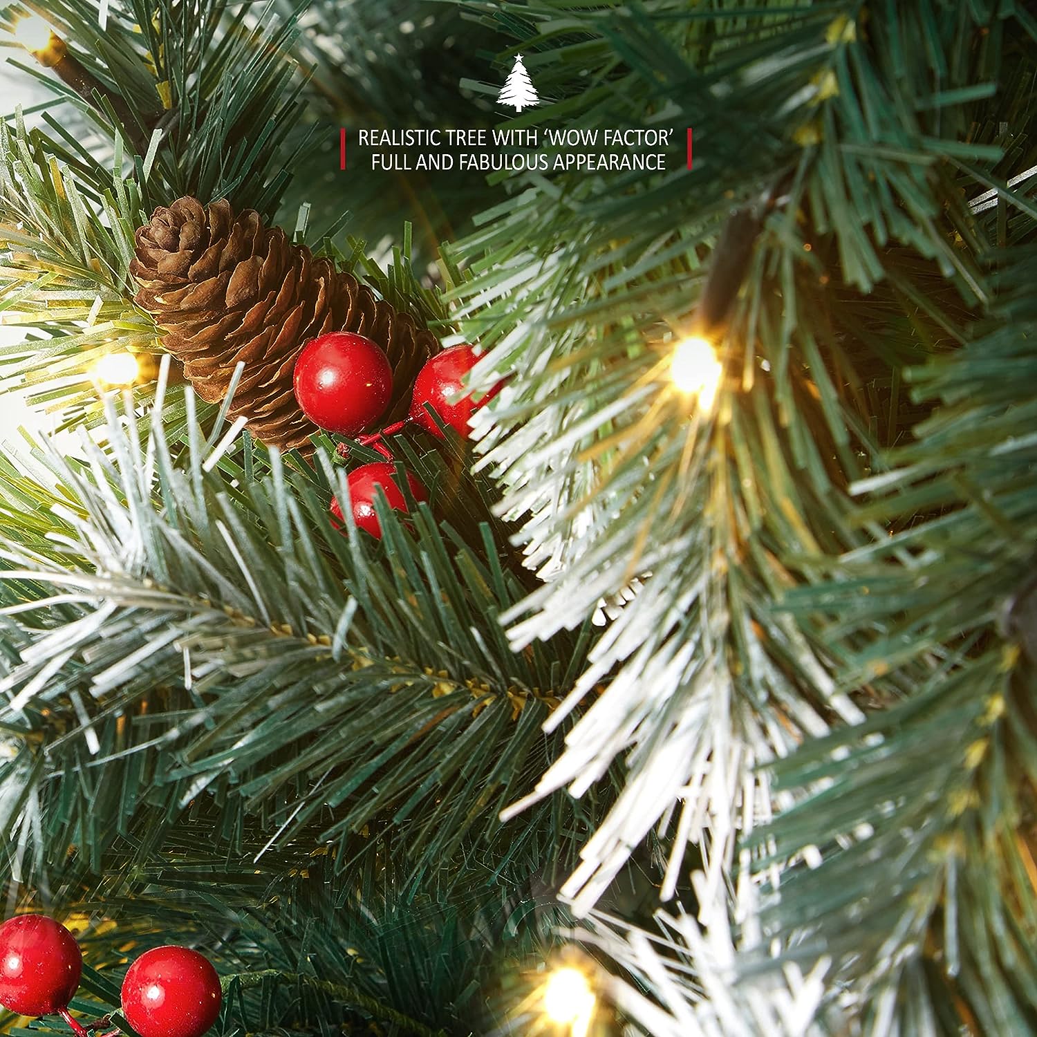 VeryMerry 'Claudia' Pre-Lit Christmas Tree with Built-In Warm White LED Lights with Auto-Off Timer, 8 Lighting Modes, Decorative Pinecones and Berries