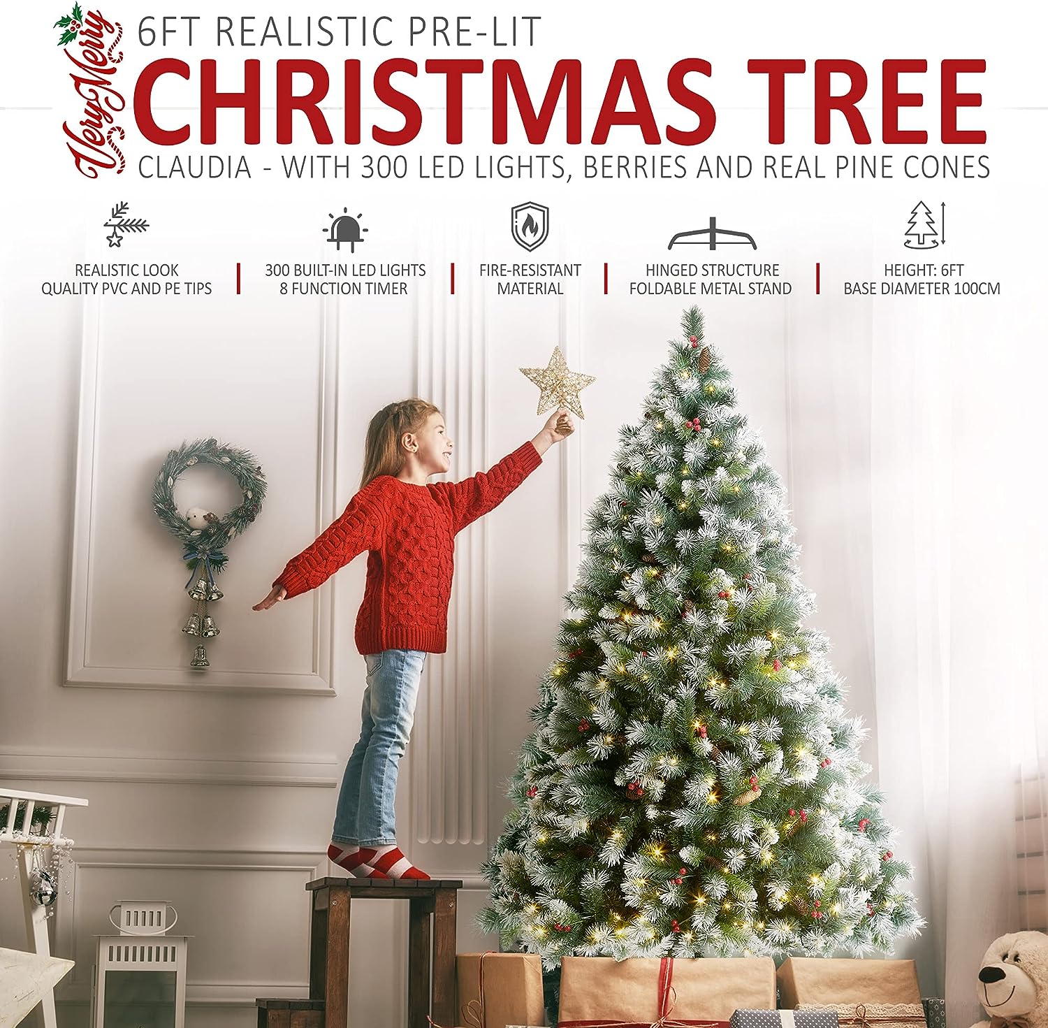 VeryMerry 'Claudia' Pre-Lit Christmas Tree with Built-In Warm White LED Lights with Auto-Off Timer, 8 Lighting Modes, Decorative Pinecones and Berries