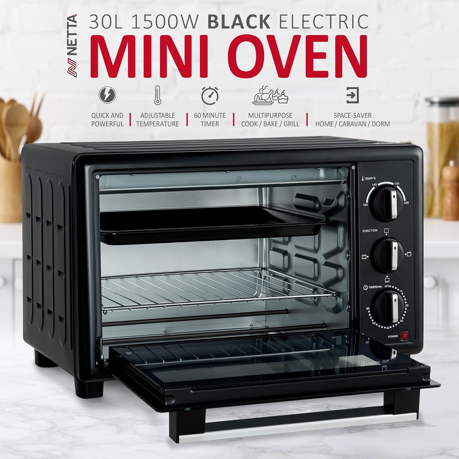 NETTA 30L Electric Mini Oven, Multiple Cooking Functions & Grill, Temperature Control Timer Black