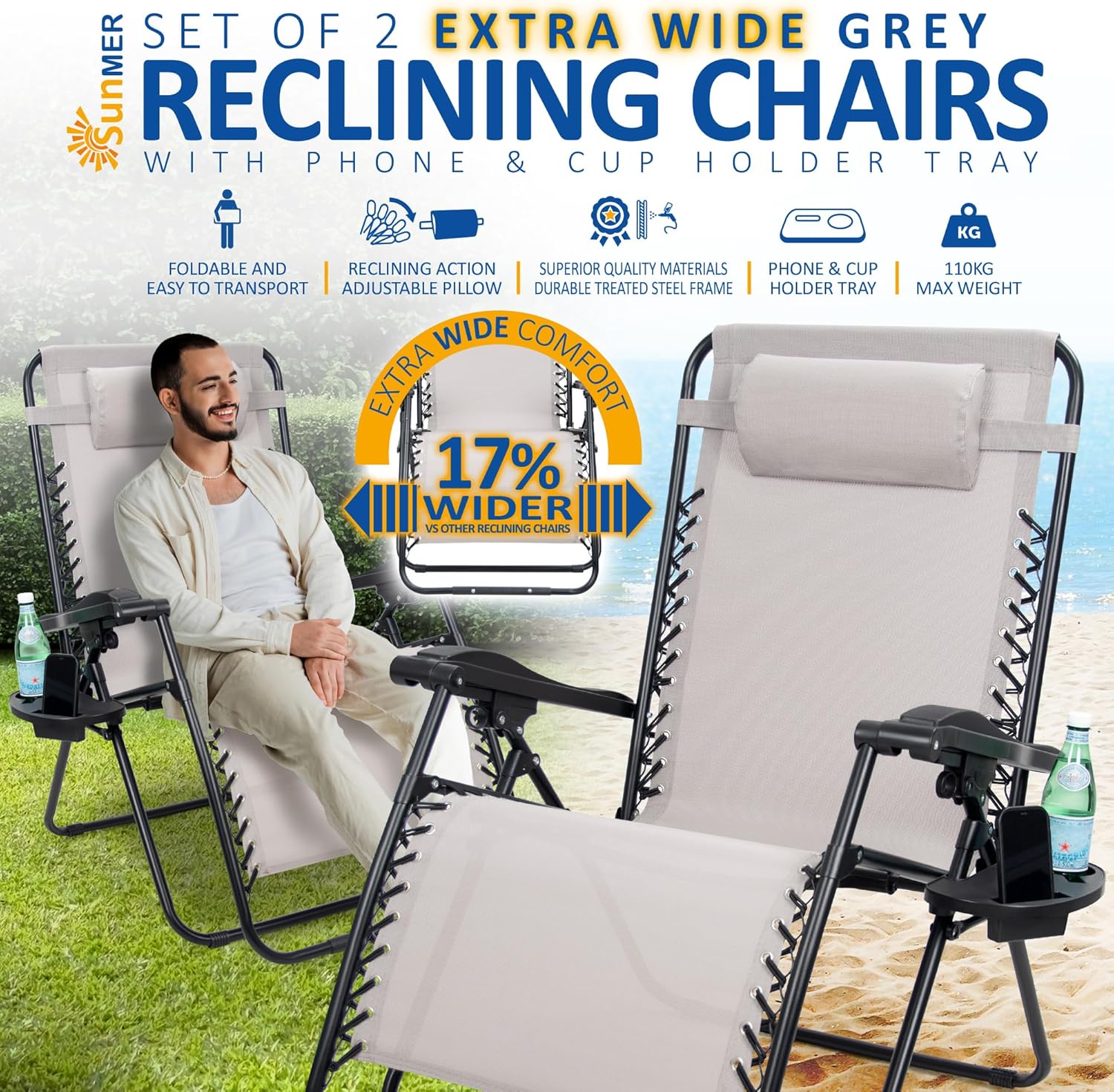 SUNMER Extra Wide Set of 2 Sun Lounger Garden Chairs With Cup And Phone Holder