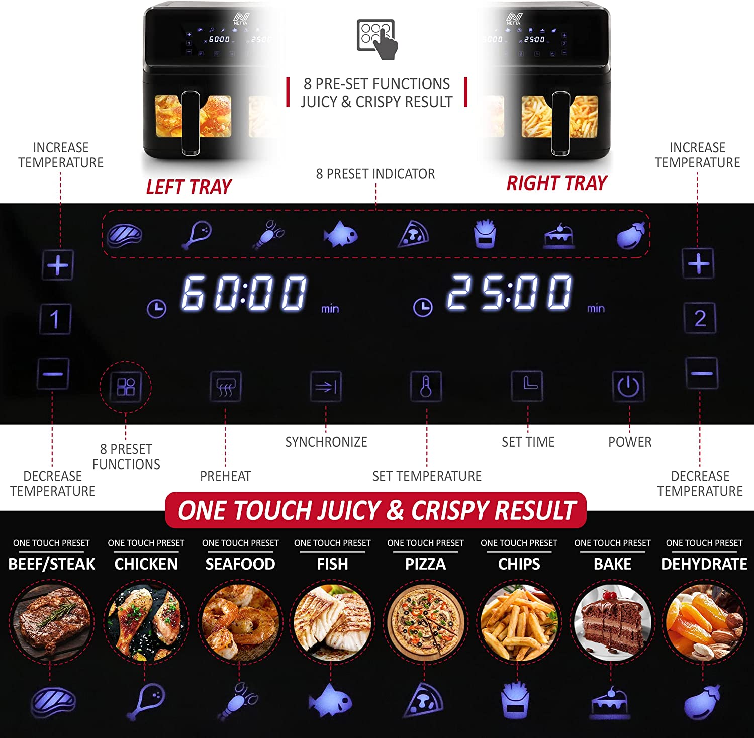 NETTA Dual Basket Air Fryer with LED Touch Screen Display, 8 Cooking Pre-Sets and Timer - Dishwasher Safe