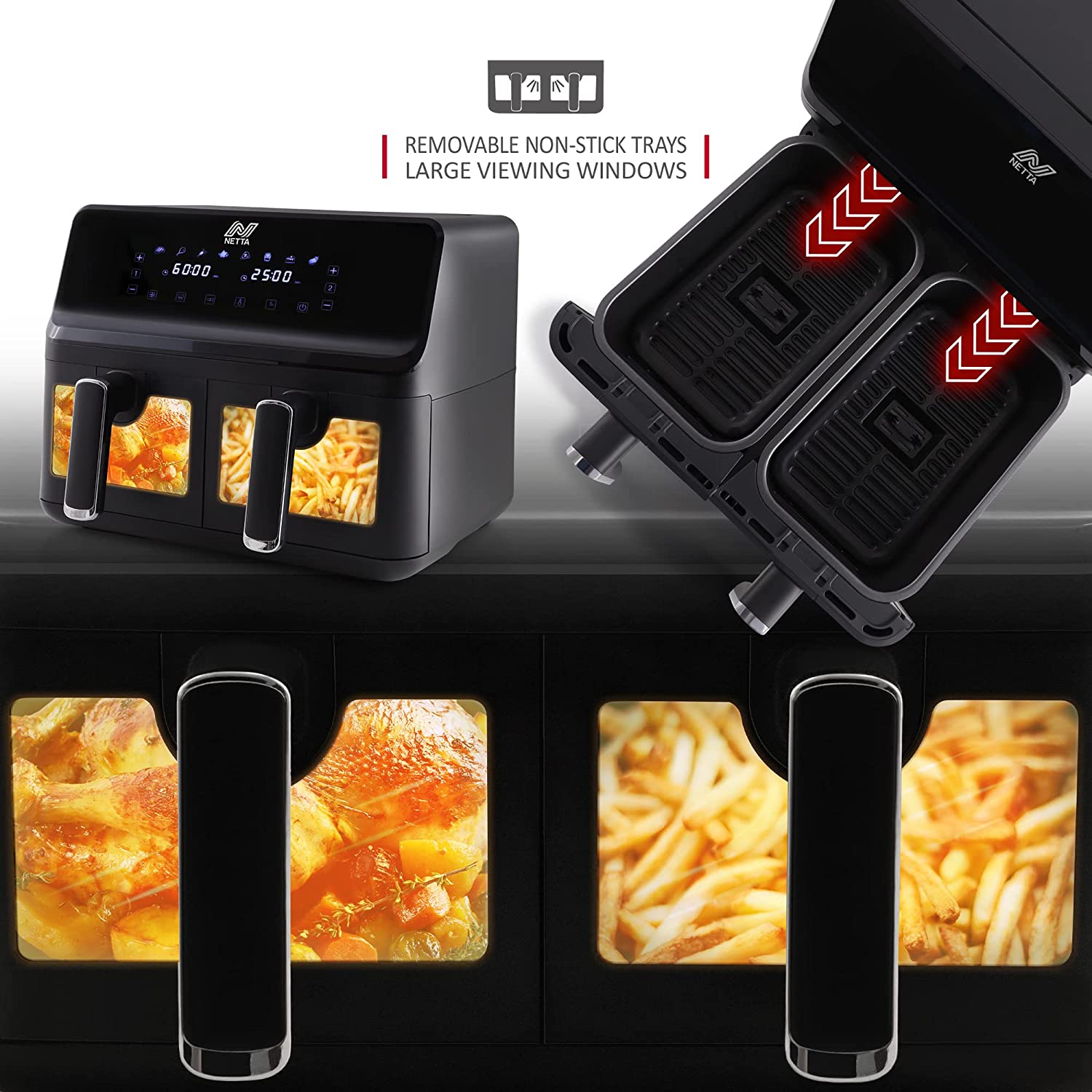 NETTA Dual Basket Air Fryer with LED Touch Screen Display, 8 Cooking Pre-Sets and Timer - Dishwasher Safe