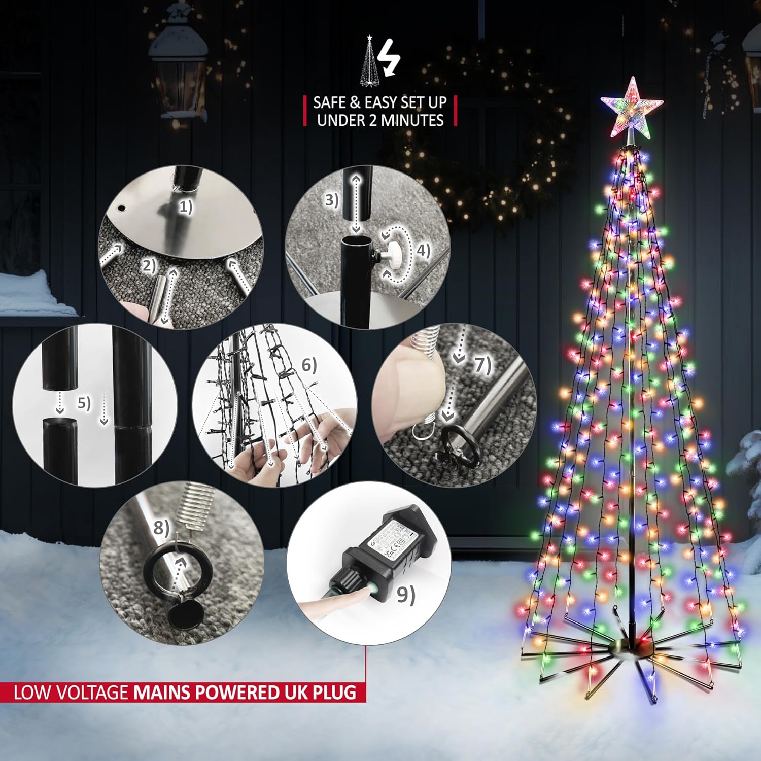 VeryMerry Christmas Cone Tree Warm White for Indoor Outdoor Use, LED Light Pre Lit With Auto-Off Timer, 8 Lighting Modes